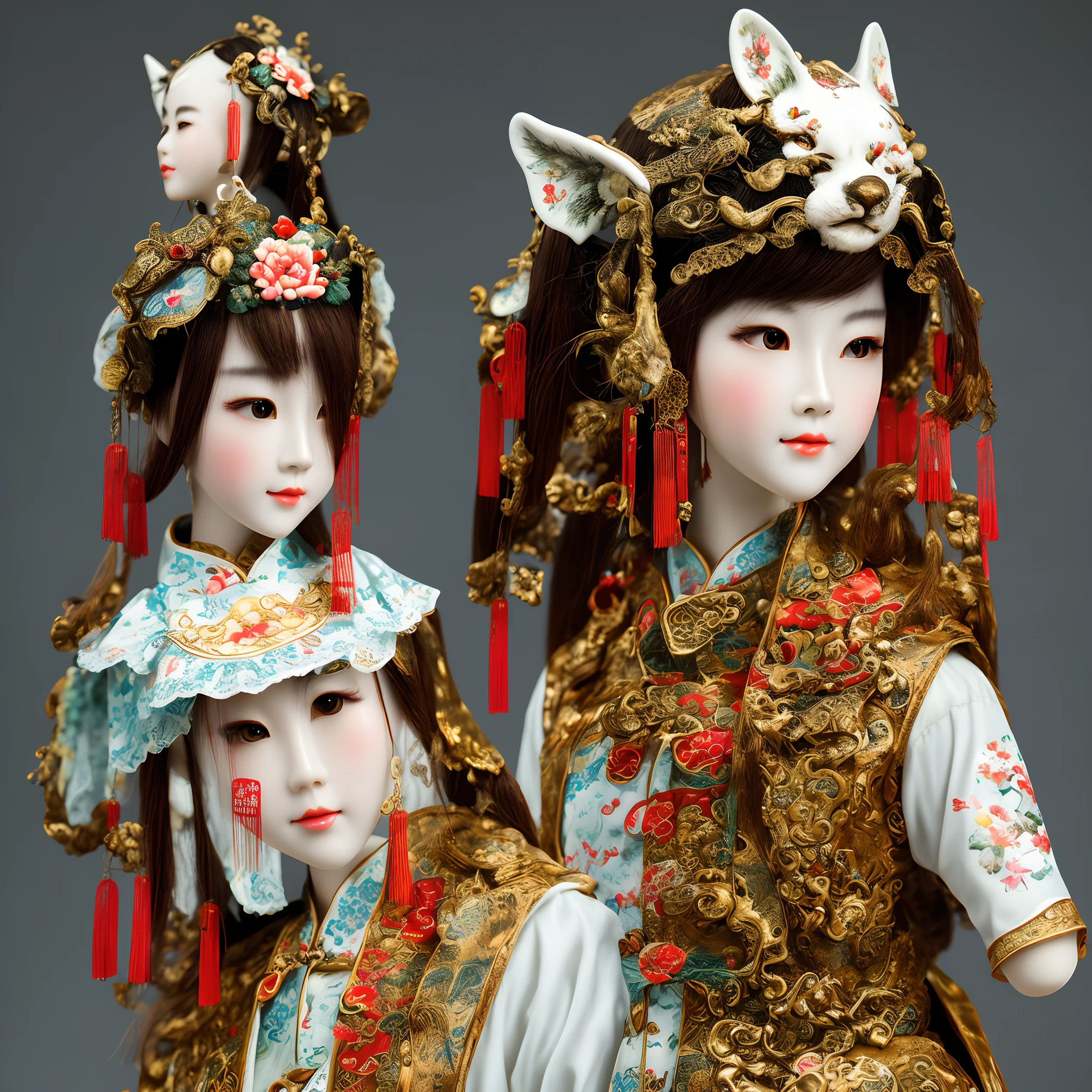fox humanoid realistic full body barefoot human face female costume antique loft red hair Chinese style