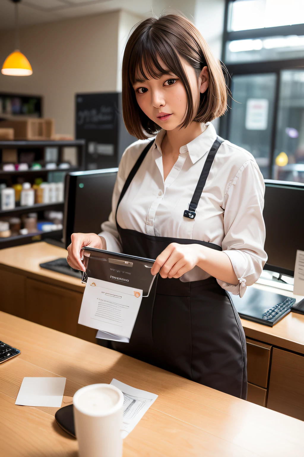 (Supermarket:1), mid afternoon, Doctor Gown, Short hair with light brown fringes, Light brown eyes, 1girll, Innocent, (Photorealistic), (Intricate details:1.2),(Masterpiece, :1.3),(Best quality:1.4), (超高分辨率:1.2), 超高分辨率, (Detailed eyes), (Detailed facial features), hdr, 8K resolution, (Lens flare:0.7), Turn around, Busy with inspection reports, face viwer, drshe