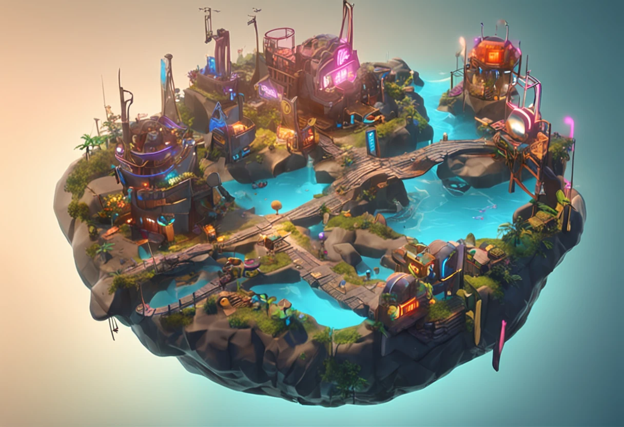 Game lobby UI 、An island that revitalizes the new town、An island floating in the sky、 Cyberpunk style