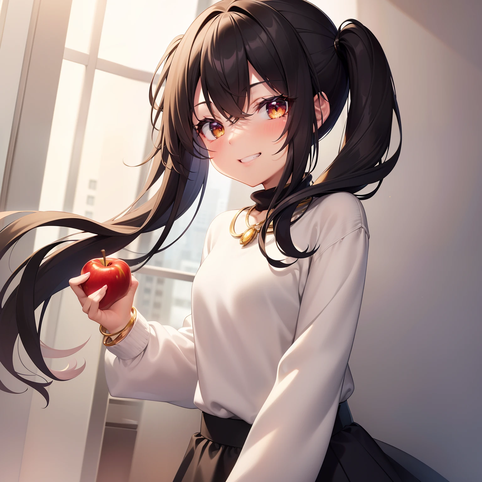 8k, ultra hd, masterpiece, pefect hand, perfect fingers, petite, high res, natural lighting, 1girl, short black twirly twin tail hair, gold eyes, wearing white sweater, luxury necklace, black skirt, gold bracelet, holding apple, blushing, grin, smug face, apartment background, 😁, face portrait