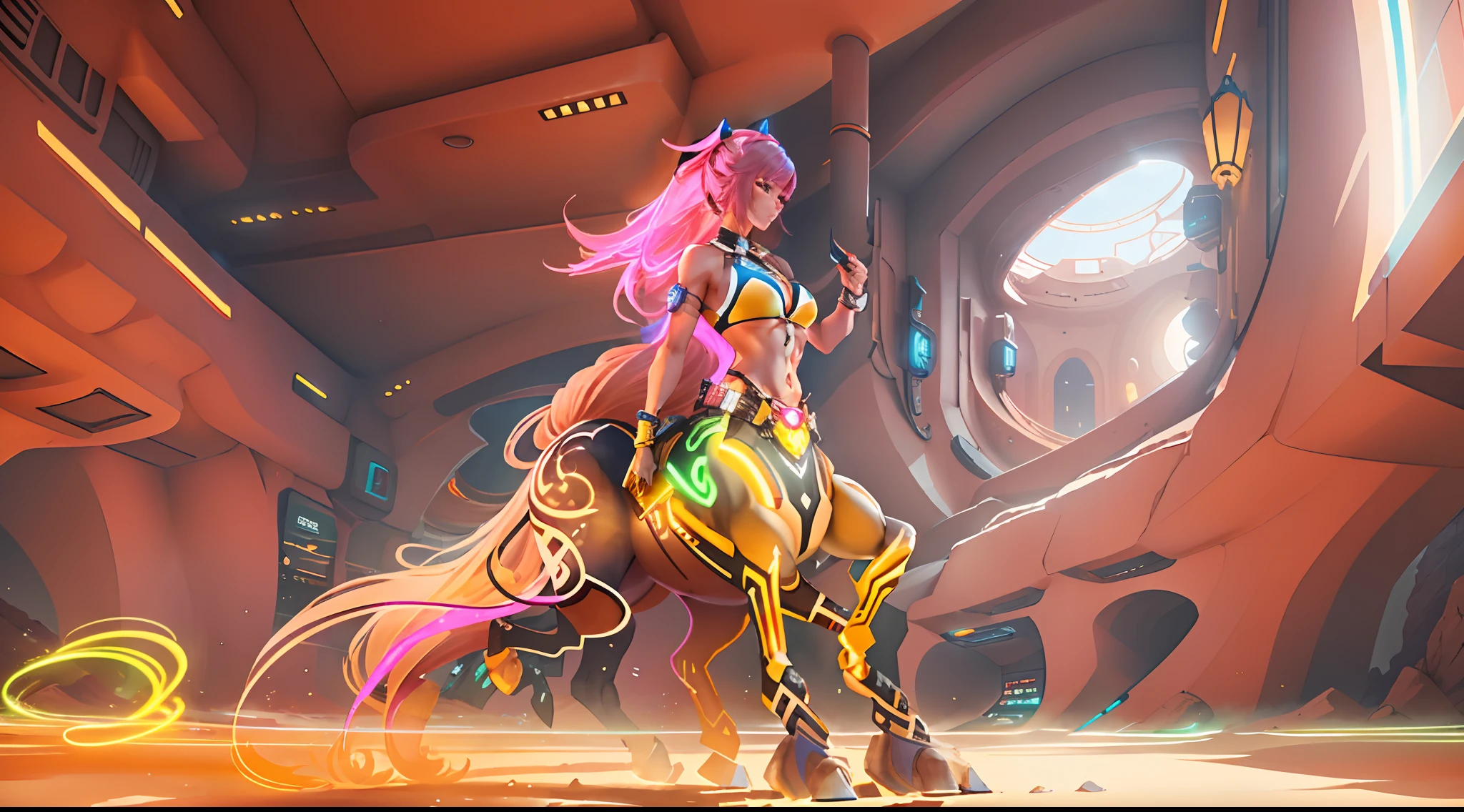 In a very grand scene，The extra-large wide-angle lens captures the appearance of a female centaur。She is tall，It has the ultimate curvy beauty，The muscles are slender and firm，Beautiful lines。Her facial features are tough and coquettish，Always with a sunny smile。She wears special tight-fitting equipment with a strong sense of technology，Step on multifunctional off-road style heels，Delicate and practical protective gear is worn on the hands, feet, wrists, neck and shoulders。The detection equipment around you flashes various cue lights and neon-like information screens，Let her exude a charming brilliance。Use Midjourney's advanced tools，Design special tight-fitting equipment for female centaurs，Highlight her unique physiological characteristics and appearance details，Add realism。And in her adventure scene，Spectacular views of nature，Clear sky、Brilliant rivers of stars and auroras、The top of the dunes on the horizon、Fireworks in Oasis Garden City, etc。ao mesmo tempo，A neon-lit spaceship docked next to the hustle and bustle of the desert oasis city，Create a fantastic scene。Use Midjourney's advanced tools and multiple color palettes、Brush Strokes、Texture tools and model packages，It shows a sense of atmosphere where beauty and charm coexist。The charm of the female centaur is highlighted through color and lines，Enhance realism with detailing，Create a surreal dreamy feeling。Additionally，Use Midjourney's tools to add a variety of extreme sports gear and cultural trinkets to the female centaur，Create intricate hairstyles and outfits，Give her a sense of premium。She never flinches，Regardless of the terrain，can respond quickly，Even the extreme geography and dangerous terrain of aliens cannot stop her。Use Midjourney's powerful tools，You can do it with incredible detail and beauty，Bring this ultra-grand and beautiful scene to life。Ultra-grand scenes，super wide shot， hdr，（真实感，Masterpiece quality，best qualtiy），