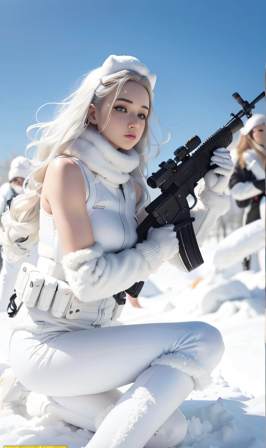 Close-up of a man holding a gun in the snow, smooth white tight clothes suit, with rifle, with pistol, dilraba dilmurat, m4 sopmod ii girls frontline, jia, with a white muzzle, photoshoot poses, 🕹️ 😎 🔫 🤖 🚬, White elbow gloves, snow army war