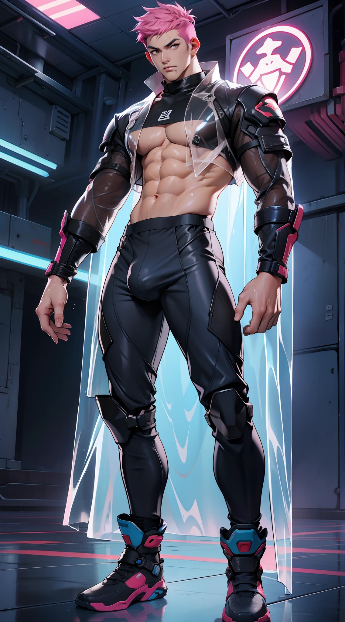 A tall muscular boy , Naked , Legs spread , impact , Sweaty , Wet , Seductive , Bigboobs , large bulge , big balls , , From the knees , big assa,(The whole body of the character)mechs,punky style,see-through transparent clothes,Wu Yifan,blue colors,Pink big breasts