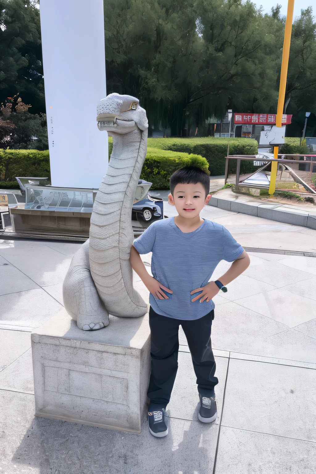 Arafeld boys standing next to the elephant statue, inspired by Abidin Dino, Dragon in the background, with a cool pose, jinyiwei, posing like a statue, drak, yihao ren, at a museum, with a child, at park, wenjun lin, doing an elegant pose, Cai Xukun