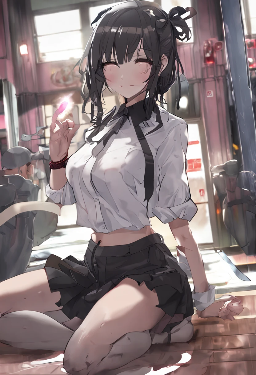 masterpiece, best quality, girl, , (petite), hair ribbon,
 orgaosed eyes, sitting, idol dress, (open clothes), (dress lift), bare flat chest, nipples, pmany sex dildo), breakuzoku, stont, scenery, night, neon,