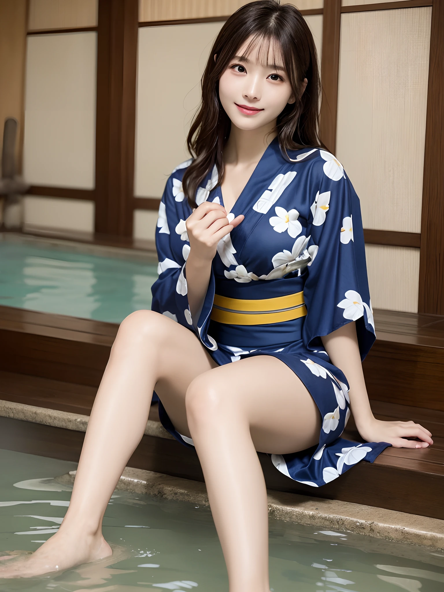 masutepiece、Best Quality、 ultra-detailliert、hight resolution、8K Wallpapers、Perfect dynamic composition,、Beautiful detailed eyes、Natural Color Lip、Bold sexy poses、Smile、Harajuku、20 years girl、Cute、Sexy shot looking at camera、(top-quality: 1.3), (masterpiece: 1.3), (Super Detail: 1.3), (wall-paper, one girls: 1.1)、(Detailed hands and fingers:1.2)、(Detailed ultra-oily shiny skin:1.1)、(Yukata in the hot spring:1.4)、(Raw feet:1.3)、Brown hair、Longhaire、Straight hair、Beautiful sister、(Luxury Ryokan:1.2)、(Beautiful Large Breasts:1.3) 、traditional Japanese room、Tatami mats、sexypose