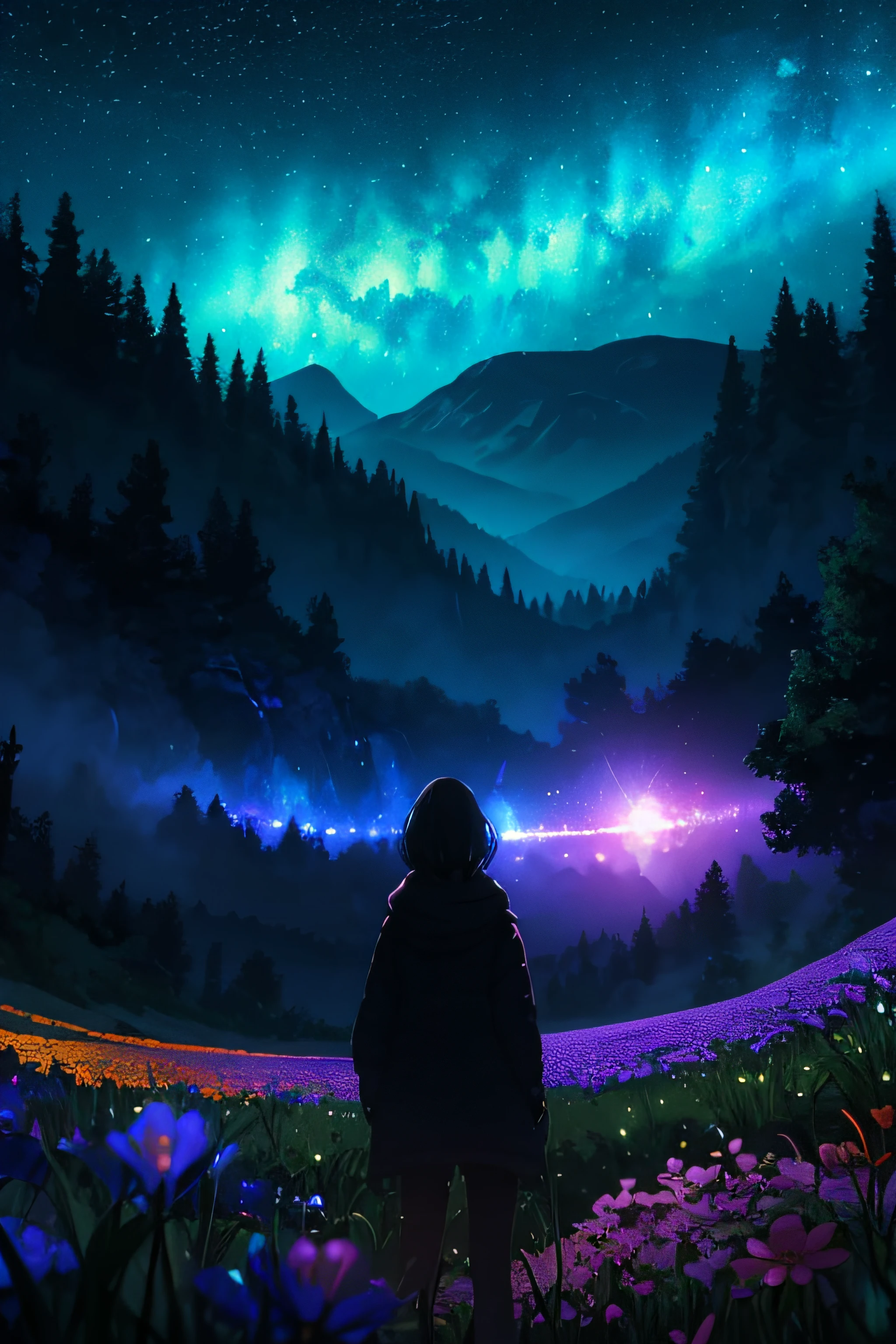A wide landscape photo, (viewed from below, the sky is above, and the open field is below), (a girl standing on a flower field looking up), (full moon: 1.2), (meteor: 0.9), (nebula: 1.3), distant mountains , Trees,Crafting Art, (Warm Light: 1.2), (Firefly: 1.2), Lights, Lots of Purple and Orange, Intricate Details, Volumetric Lighting BREAK (Masterpiece: 1.2), (Best Quality), 4k, Ultra Detailed, (Dynamic Composition: 1.4), Rich in Detail and Color, (Rainbow Color: 1.2), (Glow, Atmospheric Lighting), Dreamy, Magical, (Solo: 1.2)