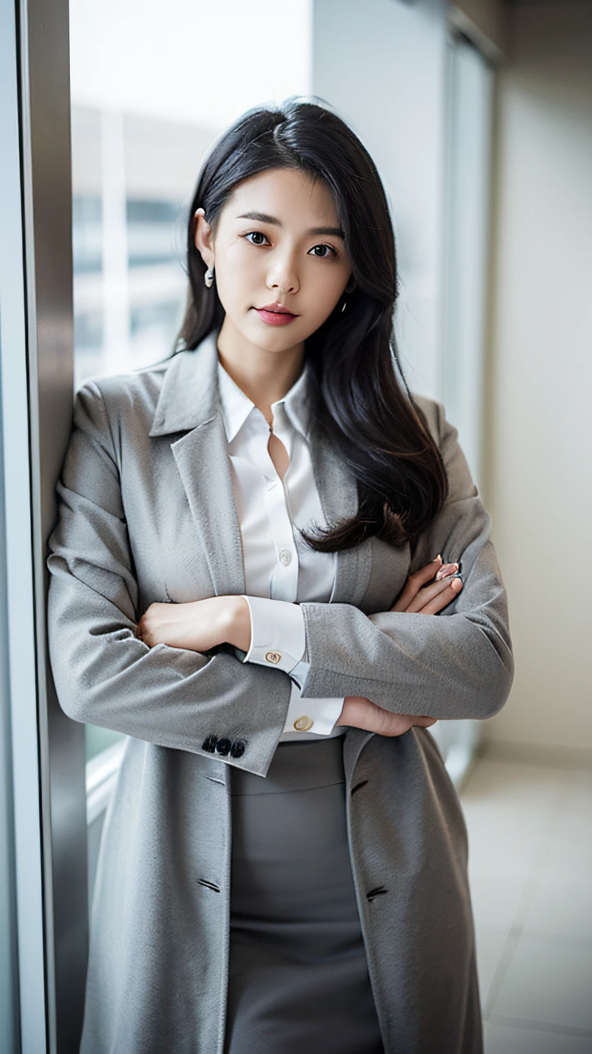 ((( Woman in a white shirt , Gray coat, standing))) , young business woman, professional image, wearing business casual dress, Professional profile photo, posing with crossed arms, female in office dress, professional picture, professional profile picture, well lit professional photo, office clothes, cindy avelino, photograph of a woman, Business woman, detailed professional photo,malaysian, lecturer, Black hair, Slim body,(((Gray office coat))), standing