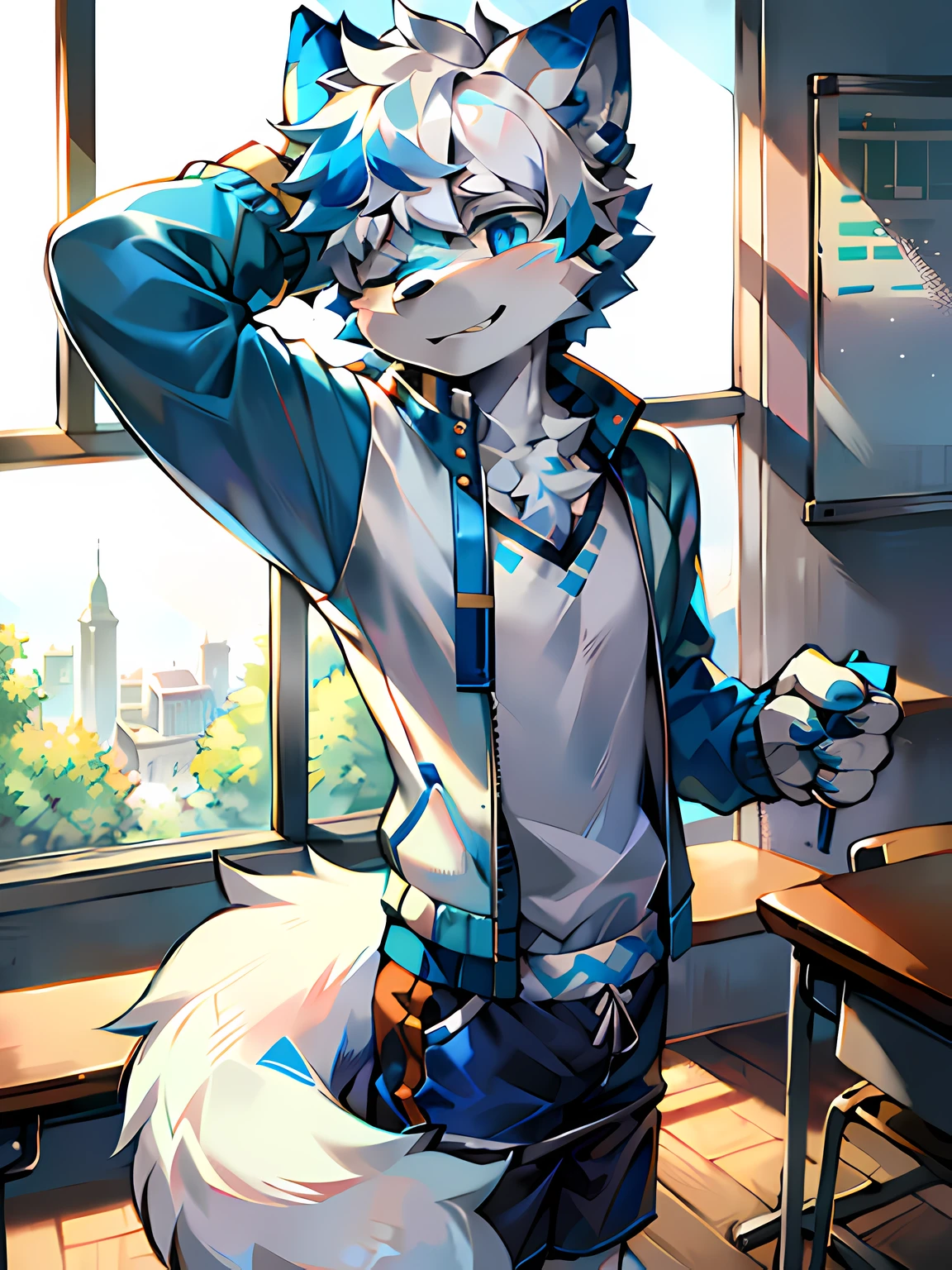 Big blue and white tail,White and blue hair,Blue eyes,Blue pattern T-shirt,trouser,Fluffy fur,feline,Large ears, ,adolable,Fur details,White and blue fur，coyote，standing on your feet