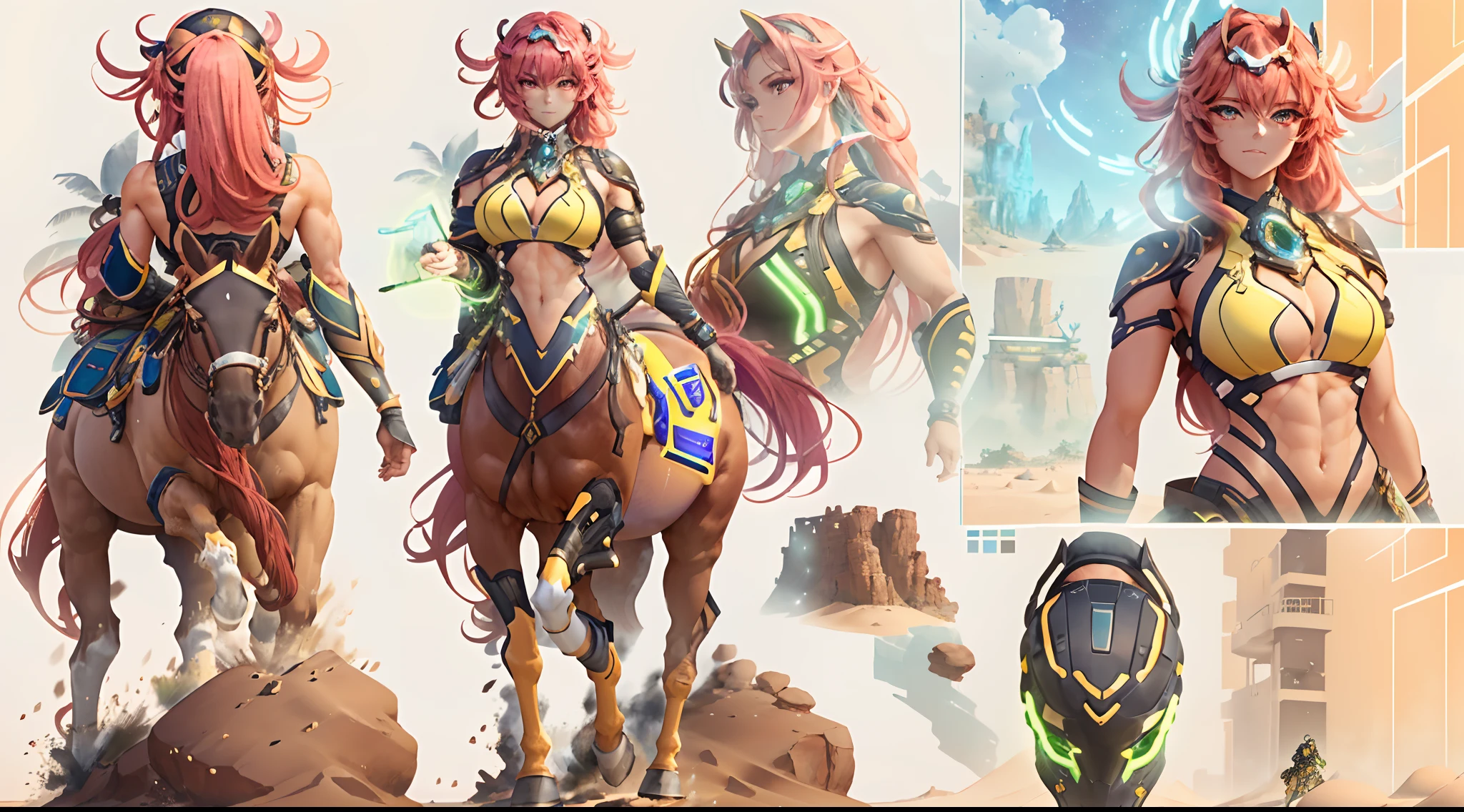 In a very grand scene，The extra-large wide-angle lens captures the appearance of a female centaur。She is tall，It has the ultimate curvy beauty，The muscles are slender and firm，Beautiful lines。Her facial features are tough and coquettish，Always with a sunny smile。She wears special tight-fitting equipment with a strong sense of technology，Step on multifunctional off-road style heels，Delicate and practical protective gear is worn on the hands, feet, wrists, neck and shoulders。The detection equipment around you flashes various cue lights and neon-like information screens，Let her exude a charming brilliance。Use Midjourney's advanced tools，Design special tight-fitting equipment for female centaurs，Highlight her unique physiological characteristics and appearance details，Add realism。And in her adventure scene，Spectacular views of nature，Clear sky、Brilliant rivers of stars and auroras、The sand dunes on the horizon are endless、Fireworks in Oasis Garden, etc。ao mesmo tempo，A neon-lit spaceship docked next to the hustle and bustle of the desert oasis city，Create a fantastic scene。Use Midjourney's advanced tools and multiple color palettes、Brush Strokes、Texture tools and model packages，It shows a sense of atmosphere where beauty and charm coexist。The charm of the female centaur is highlighted through color and lines，Enhance realism with detailing，Create a surreal dreamy feeling。Additionally，Use Midjourney's tools to add a variety of extreme sports gear and cultural trinkets to the female centaur，Create intricate hairstyles and outfits，Give her a sense of premium，Bring Oasis Garden to life。She never flinches，Regardless of the terrain，can respond quickly，Even the extreme geography and dangerous terrain of aliens cannot stop her。Use Midjourney's powerful tools，You can do it with incredible detail and beauty，Bring this ultra-grand and beautiful scene to life。Ultra-grand scenes，super wide shot， hdr，（真实感，Masterpiece quality，best qualtiy），