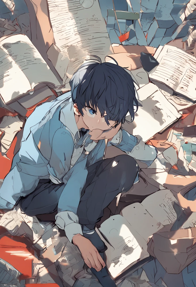 A boy sleeping on his desk(his head laying on his desk filled with messy drawings and sketches and a laptop in front of him)wears a black hoodie, sleeping peacefully with some eye bags under his eyes,has messy black hair