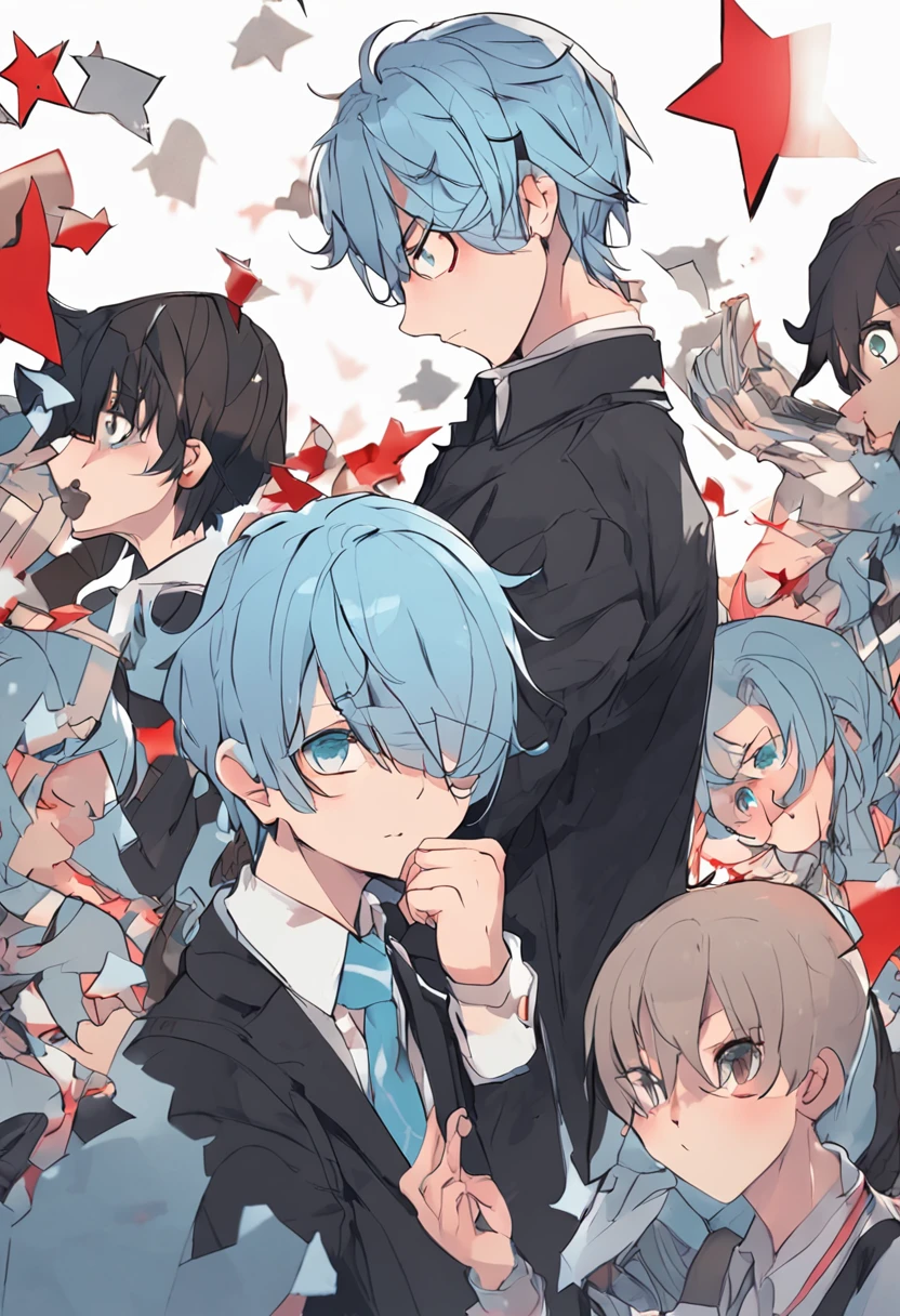 a man, light blue hair and black eyes, wears an american school uniform, behind him appears a shadow that seems to be consuming him, cheer up. anime, novel cover, book cover