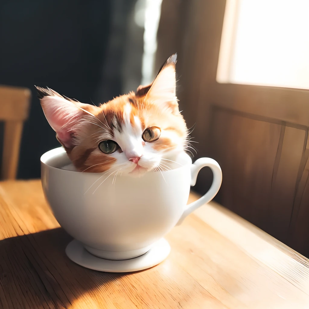 catss、calico cat、(((Has a small)))、In a teacup、Showing your face、Putting out the front paws、8k、professional photograpy、delicate、vivid、on table、in a house、Sheer sunlight、Light leak、​masterpiece、(((lovely)))、Stylish teacups、(reality)、plushies、Round pupils