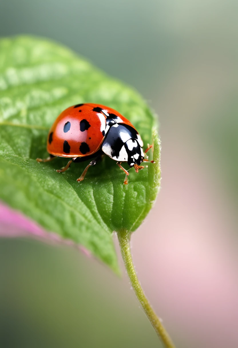 A seven-spot ladybug standing on a leaf. Macro photography