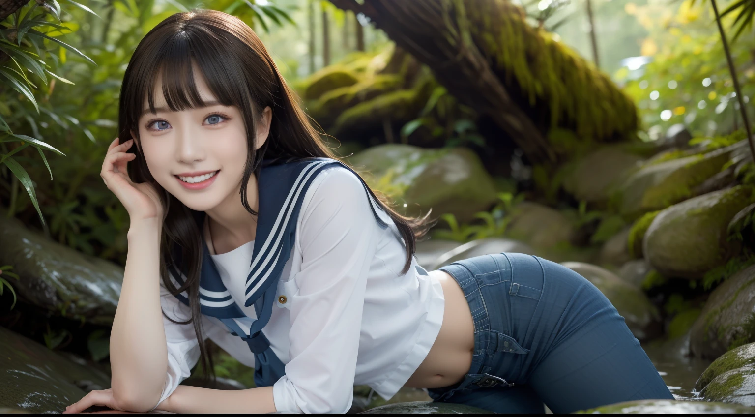 A smiling girl，Wearing a sailor's uniform and skinny jeans，Taking pictures，The picture is the most realistic，Excellent quality，She is a clerk，Has beautiful eyes and detailed facial features。She lay on a large rock in a mossy bamboo forest，There is diffuse lighting and a depth of field effect around。