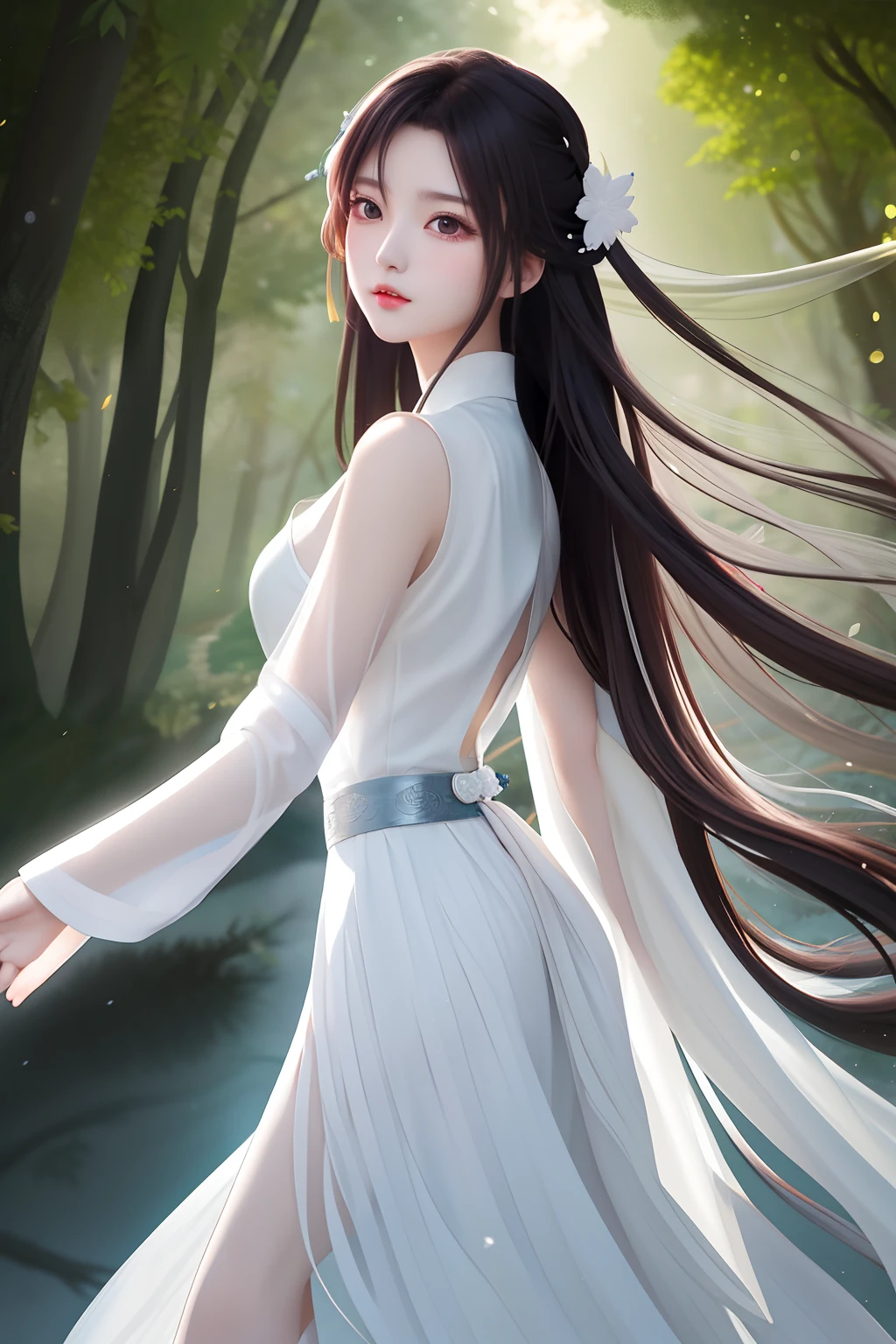 A woman in a white dress is walking through the forest, White Hanfu, Beautiful character painting, Anime girl with long hair, flowing hair and long robes, white hime cut hairstyle, flowing white robe, flowing white robe, Palace , A girl in Hanfu, long glowing ethereal hair, flowing magical robe, Ethereal beauty, Asian girl with long hair, Beautiful anime woman