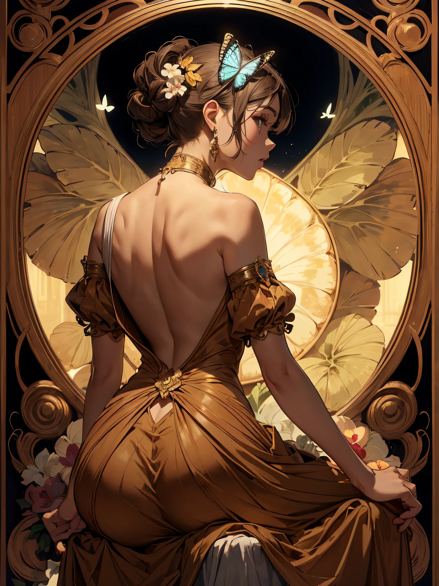 masuter piece:1.8,UHD, retina, accurate, anatomically correct, super detail, high details, high quality, best quality, highres,Alphonse Mucha,(black tone:1.2), (clam) ,(solo:1.2),beautiful back woman,bare shoulder,longeyelashes, Chubby,butterfly,Backless dress,sitting, (back view:1.3),photo from behind,simple clothes,Soft light,