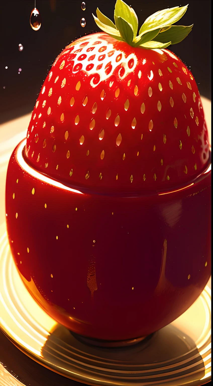 ((masterpiece:1.3,concept art,best quality)),very cute appealing anthropomorphic strawberry,looking at the viewer,big grin,happy,fruit,berry,droplets,macro,sunlight,fantasy art,dynamic composition,dramatic lighting,epic realistic,award winning illustration,