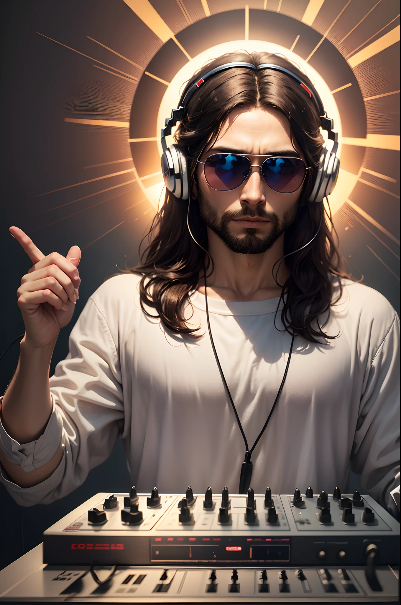 Potrait of Jesus Christ as a dj on the heaven, cool head set, heaven, sun glasses, --auto --s2