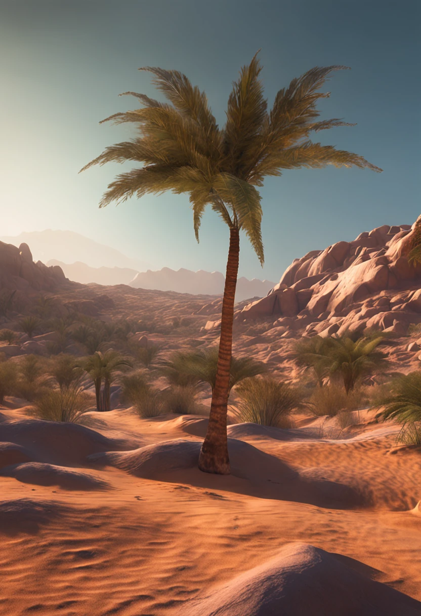 In the depths of the vast desert，Hidden is a mysterious oasis，Emerald palm trees and clear springs ，It's like a wonderland on earth，realistic，