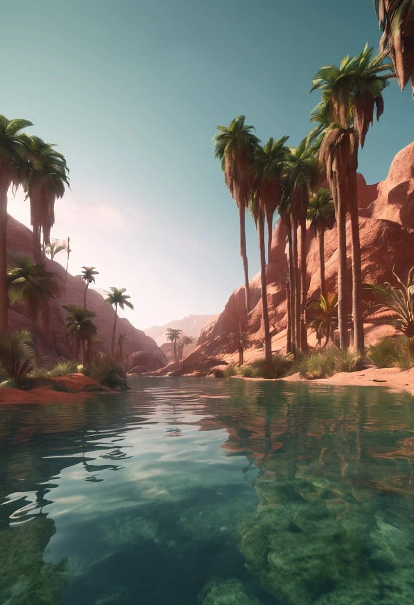 In the depths of the vast desert,Hidden is a mysterious oasis,Emerald palm trees and clear springs ,It's like a wonderland on earth,realistic,