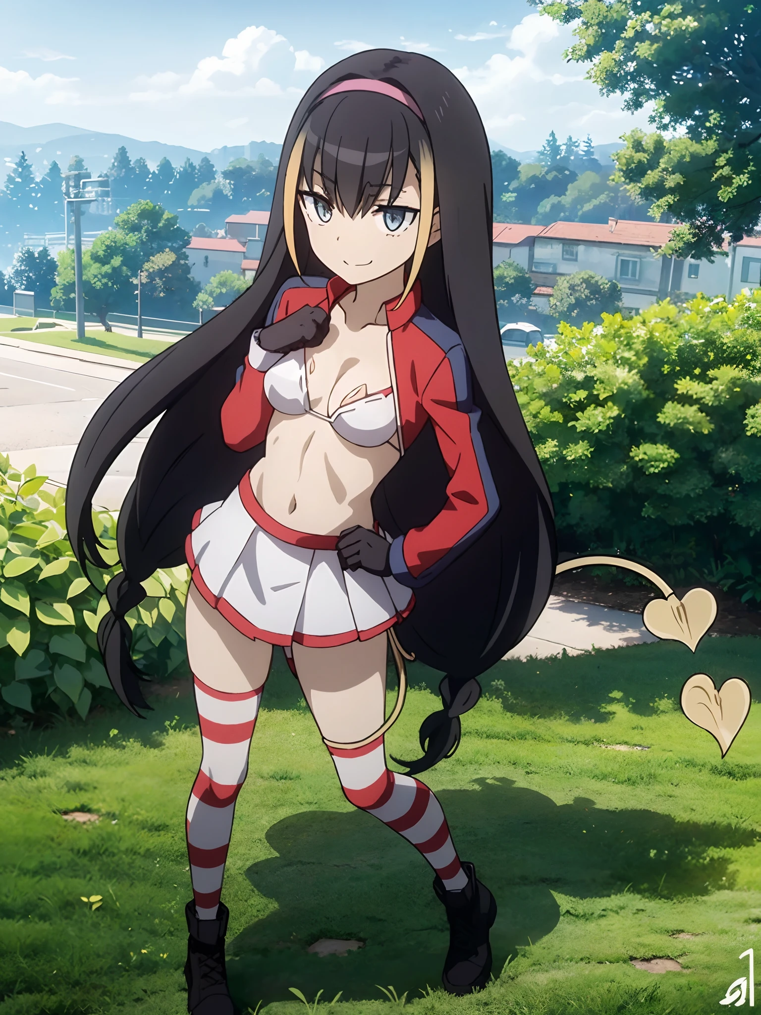 succubus tail, demon tail, GIRL, (Masterpiece: 1.1), (Best Quality: 1.1), Upper Body Bikini, (White Bikini: 1.1), (Plaid Skirt: 1.1), High Waist Skirt, Blake [Green Grass: Pink, :0.5] Themed, (Urban Background: 1.1), Denim Lenses, Blake Silver, Long, Green Eye, Landscape,