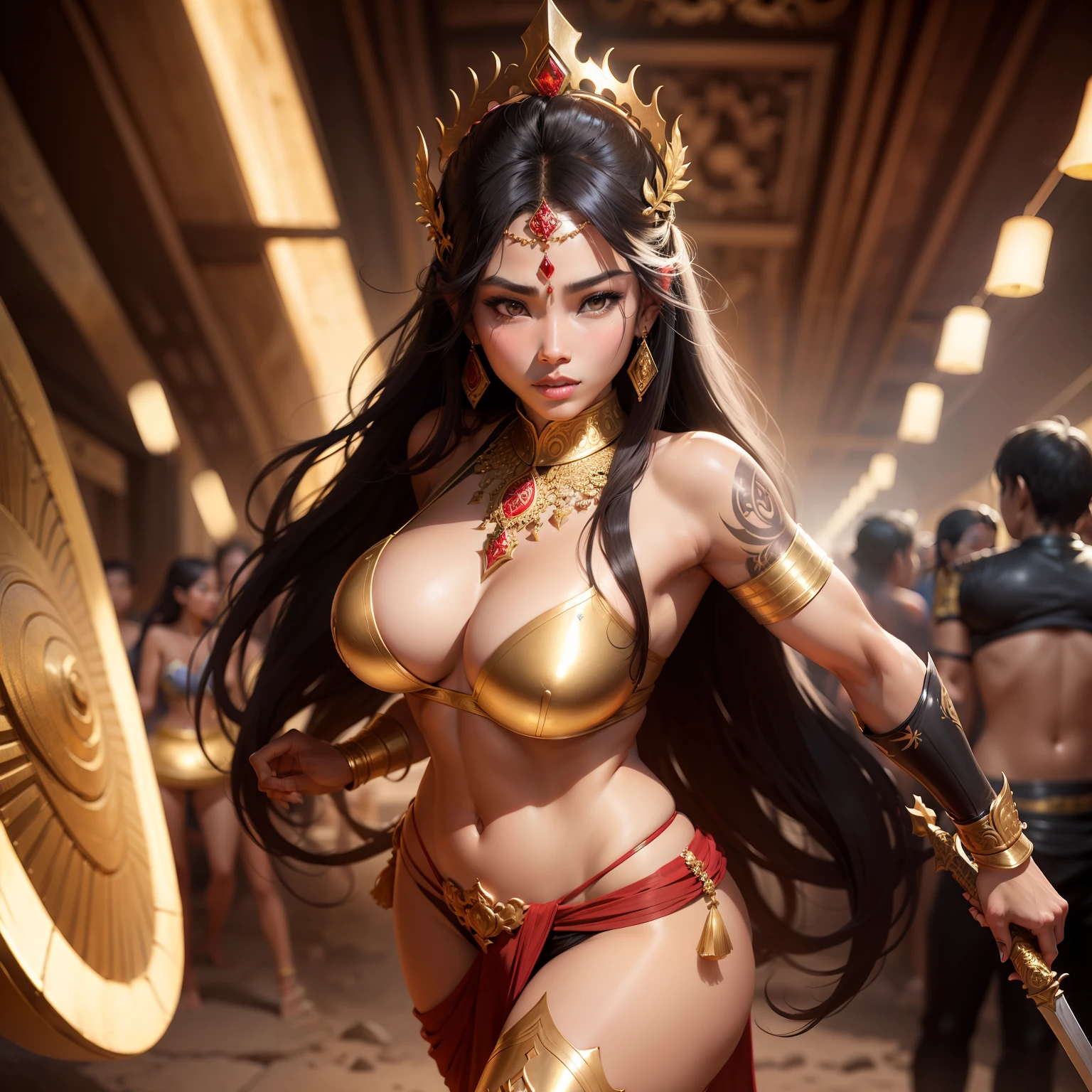 Female Khmer warrior, long black hair, dark brown tanned, Armour on, bangles, Angkor temple, full body, holding weapon, sexy tied hair up, crowd on the head, wearing jewelry, Sak yant tattoos on the arm, curvy body, wear red wrap sarong outfits, dark skinned, cute face, big lips, Diamond shape faces, wide nice nose, defined features on the face, apsara jewelry on, gold leaves jewelry, fighting at war, Armour bra top, sword and shield, Takeo in Cambodia