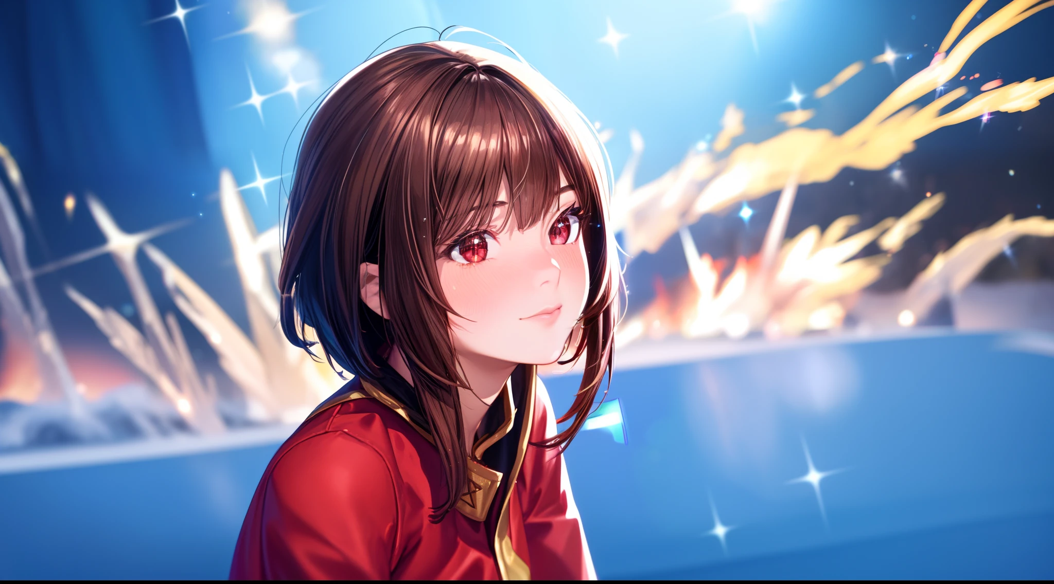 (1 girl, slim body, blushing face, wearing red mage outfit, sparkling red eyes, short brown hair, fire explosion background), nice perfect face with soft skin, intricate detail, 8k resolution, masterpiece, 8k resolution photorealistic masterpiece, professional photography, natural lighting, detailed texture,