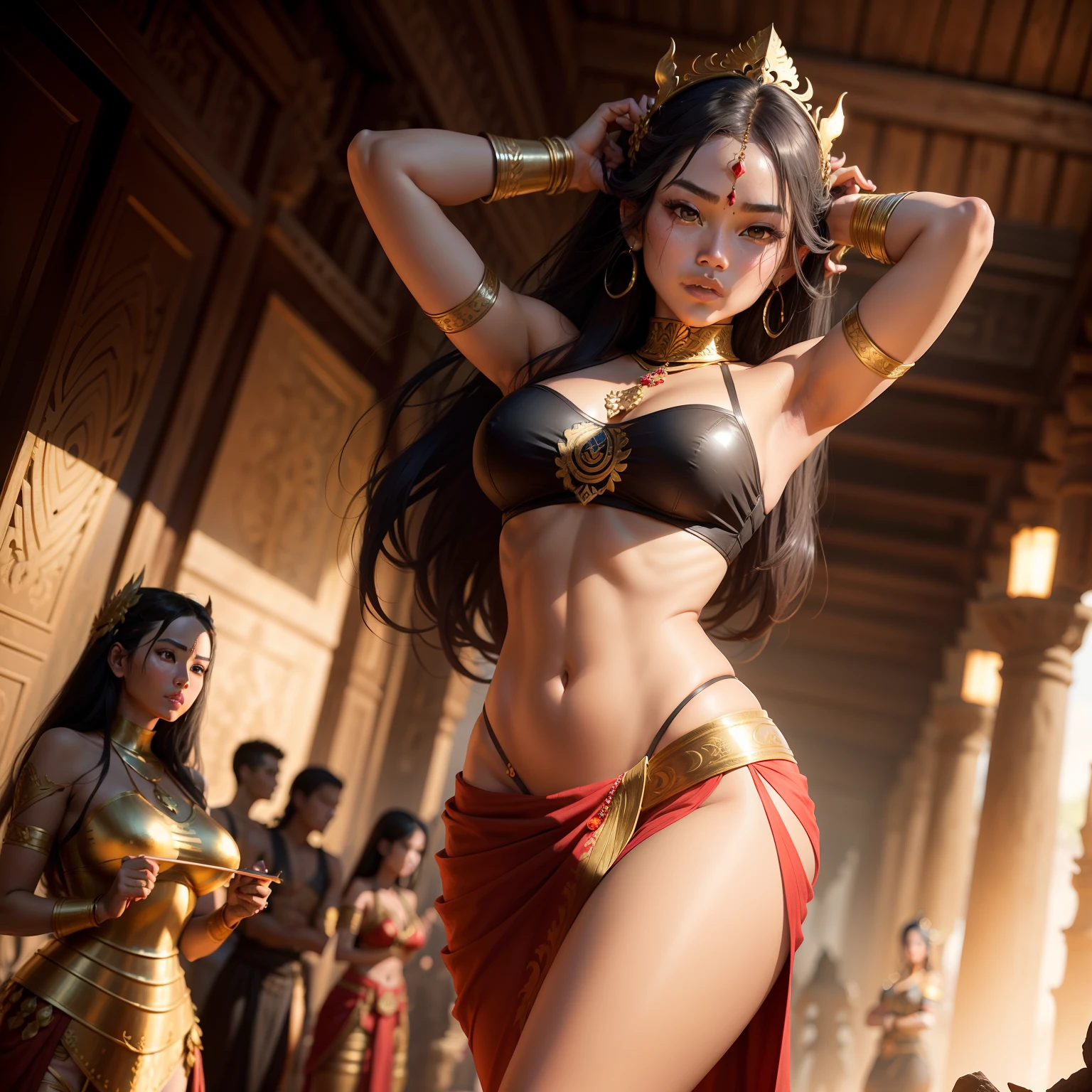 Female Khmer warrior, long black hair, dark brown tanned, Armour on, bangles, Angkor temple, full body, holding weapon, sexy tied hair up, crowd on the head, wearing jewelry, Sak yant tattoos on the arm, curvy body, wear red wrap sarong outfits, dark skinned, cute face, big lips, Diamond shape faces, wide nice nose, defined features on the face, apsara jewelry on, gold leaves jewelry, fighting at war, Armour bra top, sword and shield, Takeo in Cambodia, temple