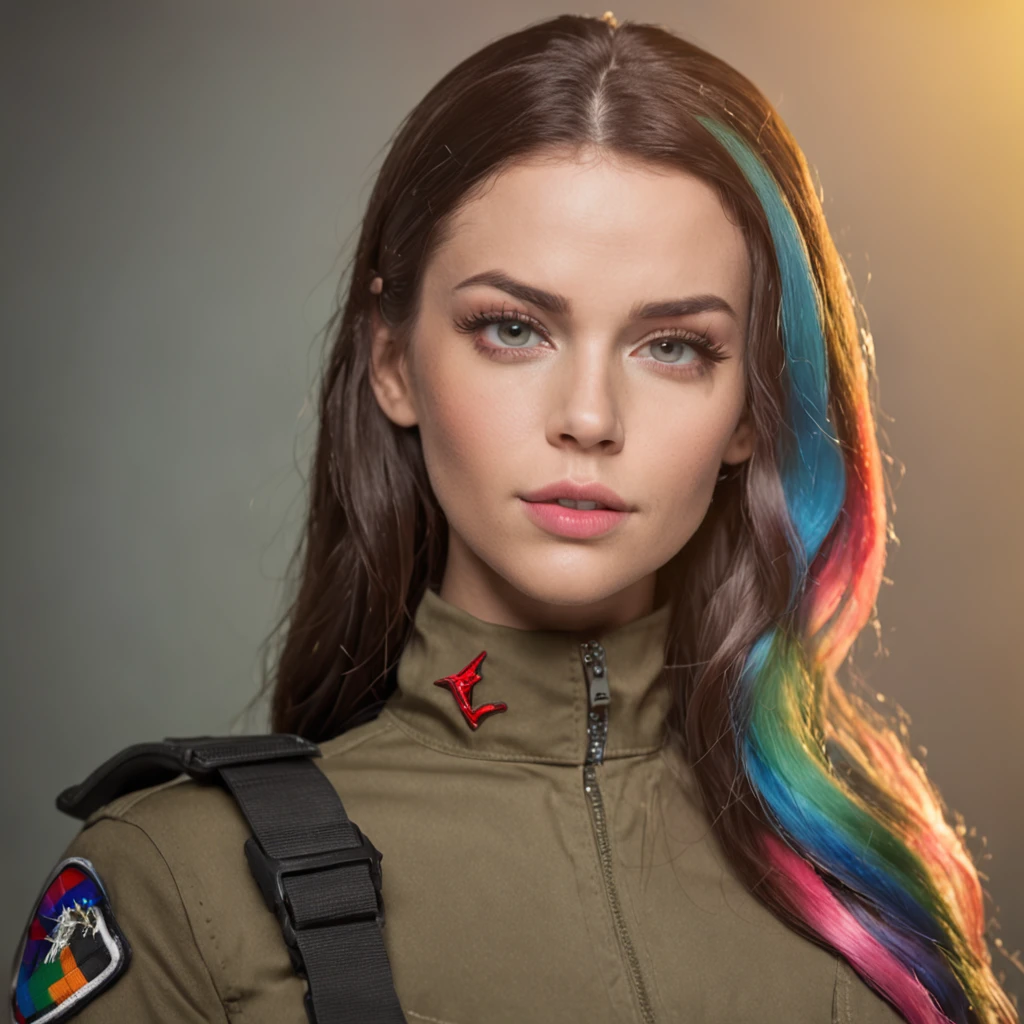 ((foto retrato)) Tacticool, uma mulher ((pornstar Lana Rhoades))), (colete: 1.2), militar, 4k, high-res, obra-prima, melhor qualidade, (headpe: 1.3), pele finamente detalhada, decote, rainbow hair, corpo inteiro