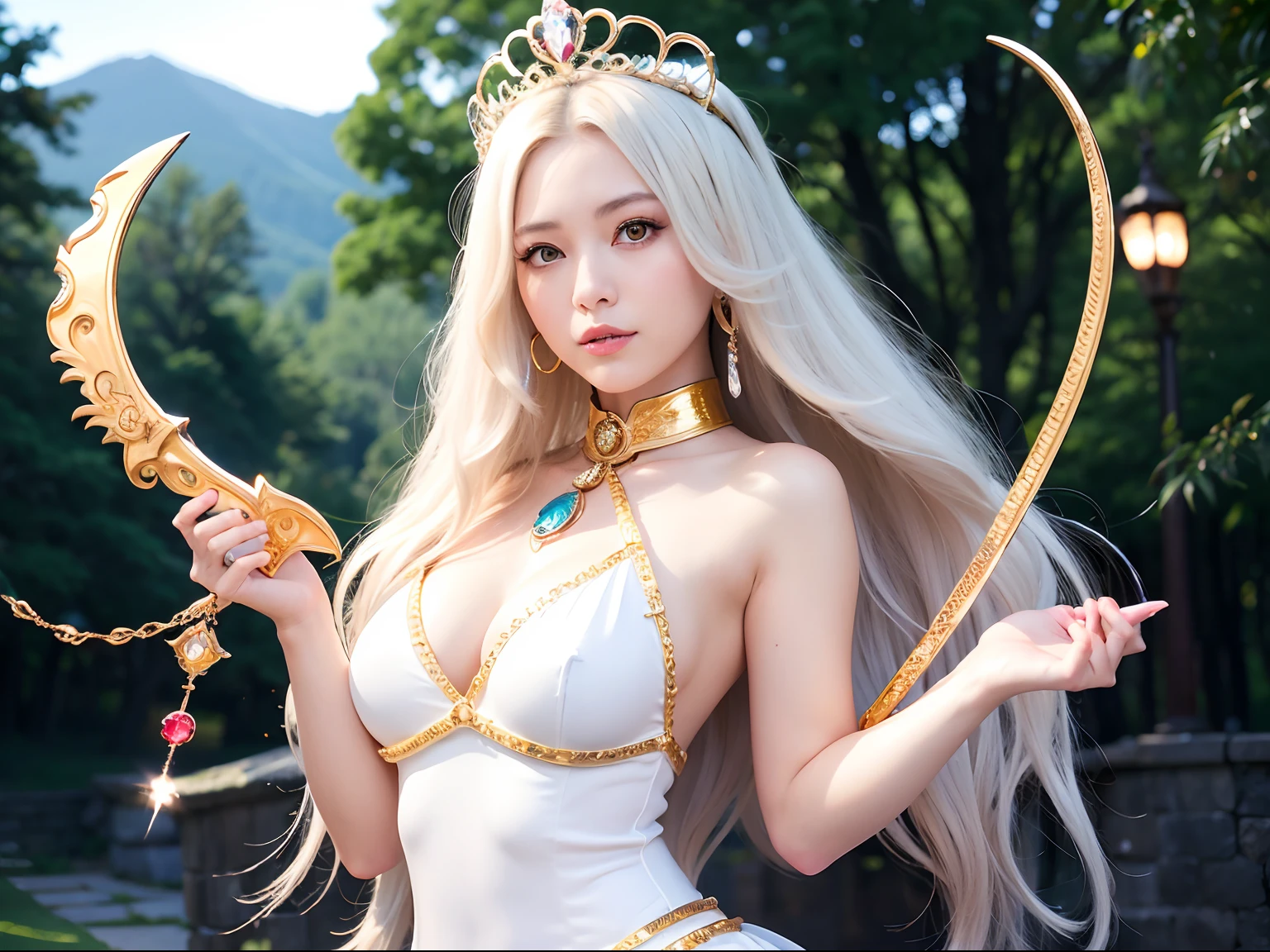 (masutepiece), Professional , ​masterpiece、top-quality、photos realistic , depth of fields （Gemstone Silver Metal Body:1.９),(Matte White、Jewel Gold Weapon、（Gorgeous castle background）、（ultimate beauty girl）、（Jewel Metal Body:1.４),Gorgeous Jewel Metal Weapons , Detailed Sword of the Brave ,（ Soldier background in metal armor）   ,warhammer 40k , adepta sororitas,Detail and ornate jewel crown、独奏、Black hair、（Gangle's forest background）、Beautiful Caucasian beauty、１a person、dynamic ungle,(((Diamond tiara with detail and luxury)))、a small face、A smile、Powerful poses、（Gorgeous castle background）、huge filesize、20 year old beautiful woman、Stand in the center of the screen、Thin female fingers、Straight long hair、Beautiful Caucasian beauty、Whole body、,Luminescent particles,light scattering,Tindall Effect、
