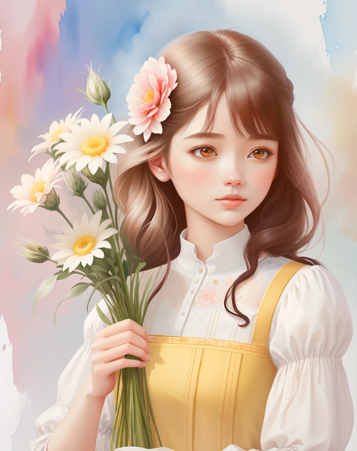 a painting of a girl holding a bouquet of flowers in her hand, No estilo de arte Bowater, com flores, Estilo de desenho bonito, segurando flores, carregando flores, estilo de desenho tradicional, trending on artstration, Belo estilo de arte, watercolor illustration style, Fanart oficial, com flores congeladas ao seu redor, inspirado em Sim Sa-jeong, a beautiful artwork illustration