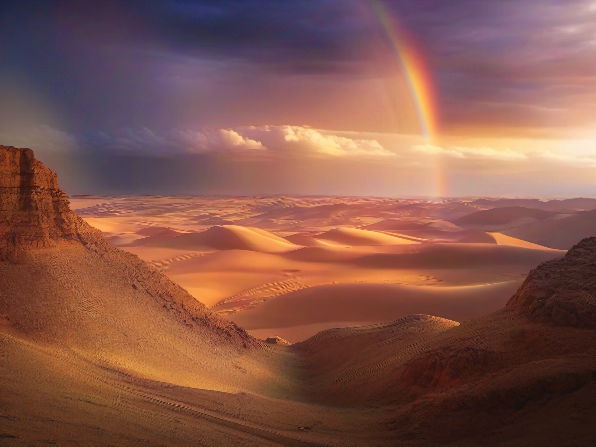 The edge of the desert,Where the sky and the earth meet,Paint a magnificent rainbow picture,Colorful beams of light travel through sandstorms,It's like a miracle in a wonderland。