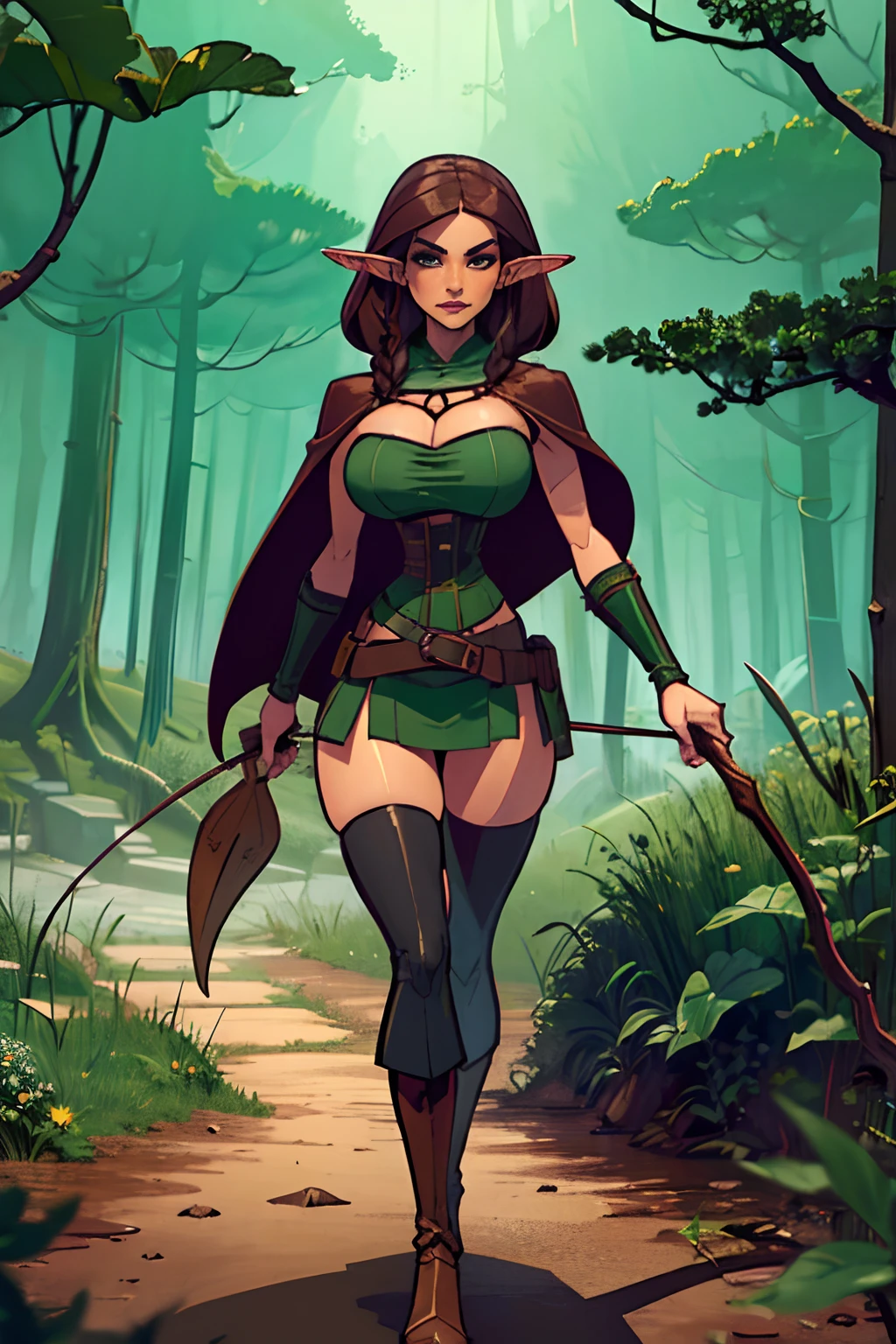 (masterpiece, top quality, best quality, official art, beautiful and aesthetic:1.2), (1girl:1.3), dark brown hair in a single braid, extremely detailed, portrait, looking at viewer, solo, (full body:0.6), detailed background, close up, cat eyes, (warm summer forest theme:1.1), busty (elf) ranger, charlatan, smirk, mysterious, walking in forest, revealing ranger attire, brown leather, cowl, cloak, corset, long boots, buckles, straps, pouches, bow and arrow, green fabric, brown leather, ((gigantic breasts), skindentation, cleavage), slim waist, slim hips, long legs, medieval (forest exterior:1.1) background, dark mysterious lighting, shadows, magical atmosphere, dutch angle