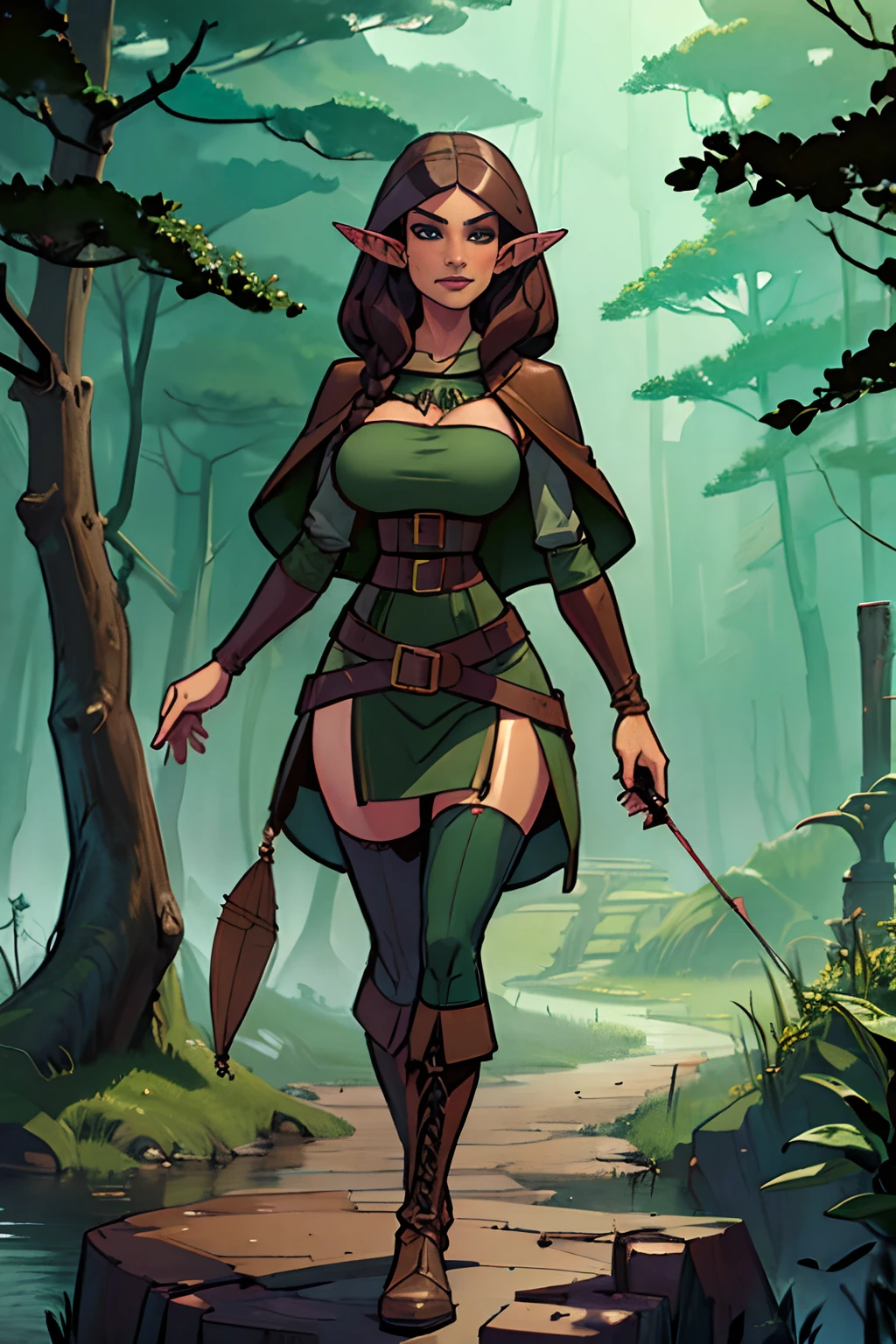 (masterpiece, top quality, best quality, official art, beautiful and aesthetic:1.2), (1girl:1.3), dark brown hair in a single braid, extremely detailed, portrait, looking at viewer, solo, (full body:0.6), detailed background, close up, cat eyes, (warm summer forest theme:1.1), elf ranger, charlatan, smirk, mysterious, walking in forest, revealing ranger attire, brown leather, cowl, cloak, corset, long boots, buckles, straps, pouches, bow and arrow, green fabric, brown leather, gigantic breasts, slim waist, slim hips, long legs, medieval (forest exterior:1.1) background, dark mysterious lighting, shadows, magical atmosphere, dutch angle, (((balsamique)))