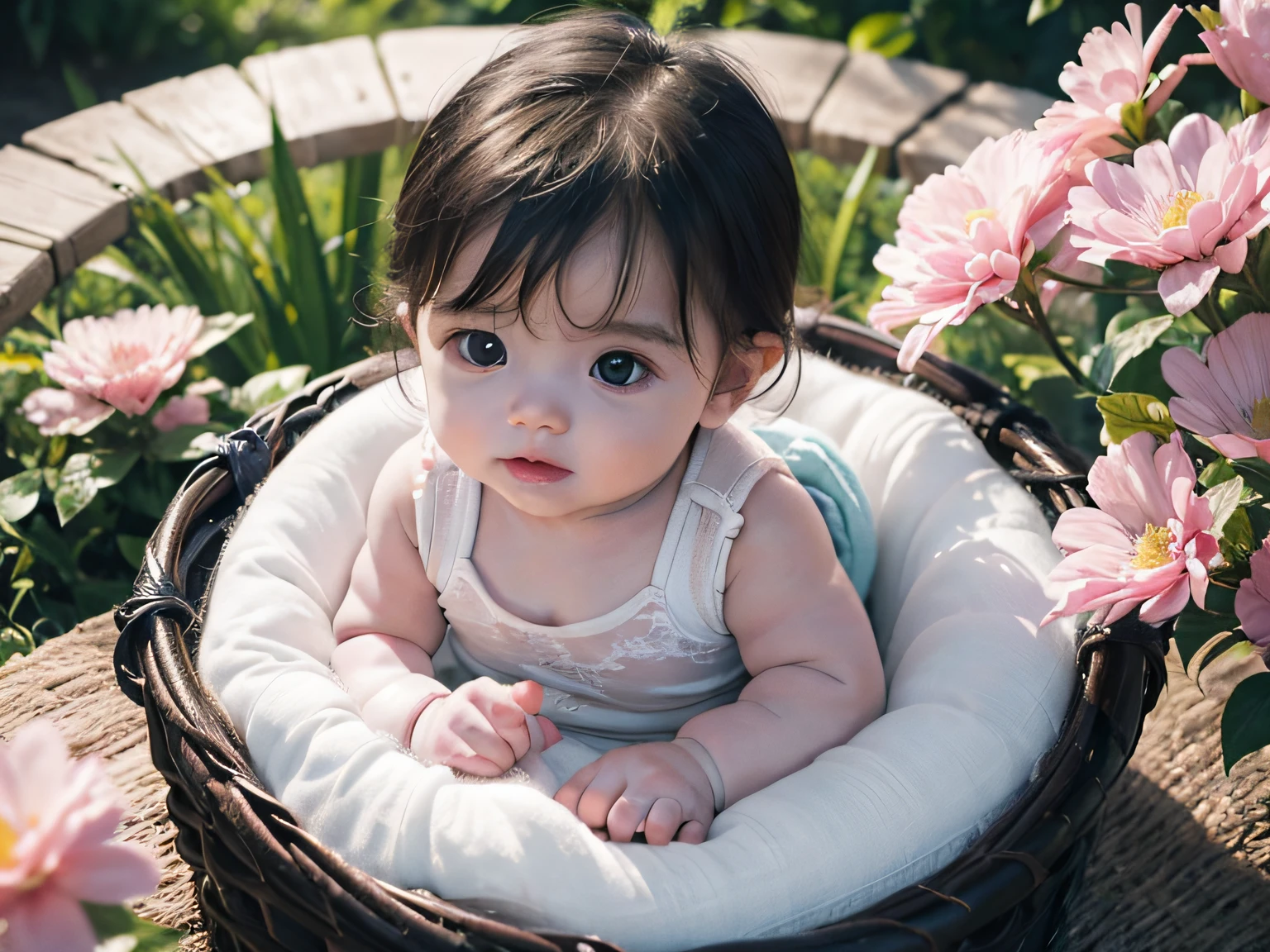 ((((-yead babremely high quality scan,1200 DPI scan,A high resolution,detailed scan,tmasterpiece,8K works,k hd,A cute baby,Delicate fl features,(One-year-old infants),Rintere skin texture,The light is focused on the face,It is surrounded by flowers
