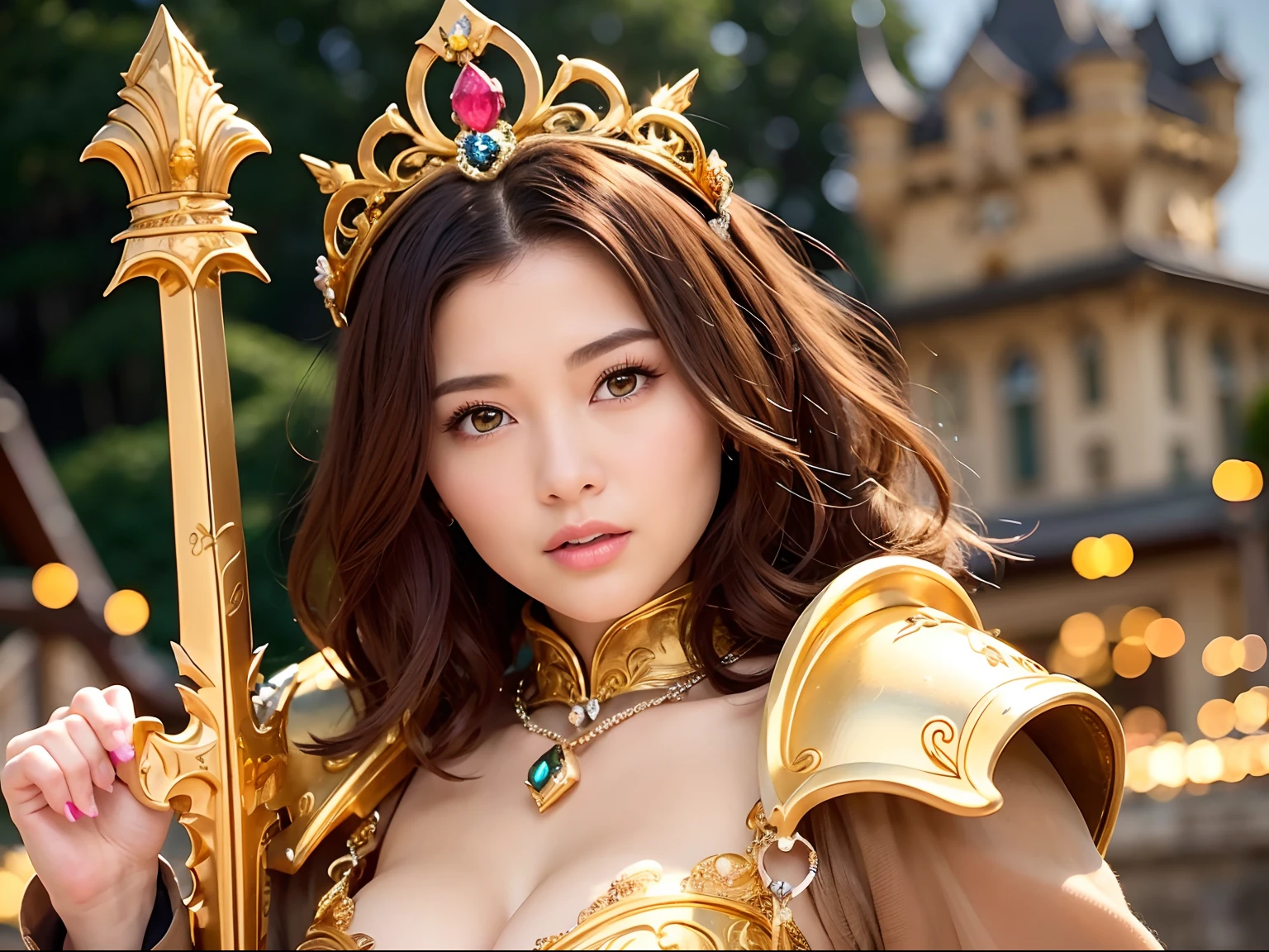 (masutepiece), Professional , masterpiece、top-quality、photos realistic , depth of fields (Gemstone Silver Metal Body:1.9),(Matte Pink、Particles of light、Jewel Gold Weapon(Jewel Metal Body:1.4),Gorgeous metal weapons , Detailed Sword of the Brave , Beautiful knife ,warhammer 40k , adepta sororitas,Detail and ornate jewel crown、Particles of light、Black hair、Gangle's forest background、Beautiful Caucasian beauty、1a person、dynamic ungle,(((Detailed and ornate diamond crown)))、Particles of light、Smaller head、A smile、Take a sexy pose、Background inside the castle、