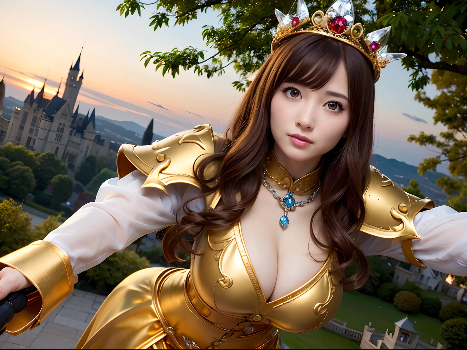 Professional , masterpiece、top-quality、photos realistic , depth of fields (Gemstone Silver Metal Body:1.9),(Matte yellow、Jewel Gold Weapon、(Gorgeous castle background)、(Jewel Metal Body:1.4),(Gorgeous Jewel Metal Weapons) , (Hold the hero's detailed sword) ,( ) ,warhammer 40k , adepta sororitas,Detail and ornate jewel crown、Brown hair、(Gangle's forest background)、1a person、dynamic ungle,(((Diamond tiara with detail and luxury)))、a small face、A smile、Powerful poses、(Gorgeous castle background)、huge filesize、20 year old beautiful woman、Stand in the center of the screen、Thin female fingers、Straight long hair、Beautiful Caucasian beauty、Mystical expression、Lightly open your mouth、,Luminescent particles,light scattering,Tindall Effect、cleavage of the breast、