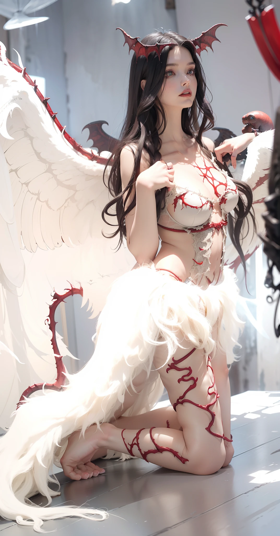 Fine matte painting, skeleton dark angel big wings haunted castle on drawing table full of knives, horror, spookiness, scary, secret horror, tentacles, vines, eyes, uncanny valley effect teeth, limbs, animals, blood moon,