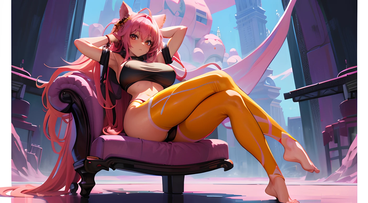 Exotic gorgeous yoga anthro: big breasts in pink fur, a micro crop top, flaring wide waist, cunning midriff, stimulating yoga pose, thong, orange leggings,  peering, feet pose, barefooted, armpits, there is a woman sitting on a chair tying her hair, giantess art, [ 4 k digital art ]!!, commission for high res, detailed shot legs-up, made with anime painter studio, juicy legs, high quality fanart, by Shingei, painted in anime painter studio, high quality portrait, massive legs towering over you