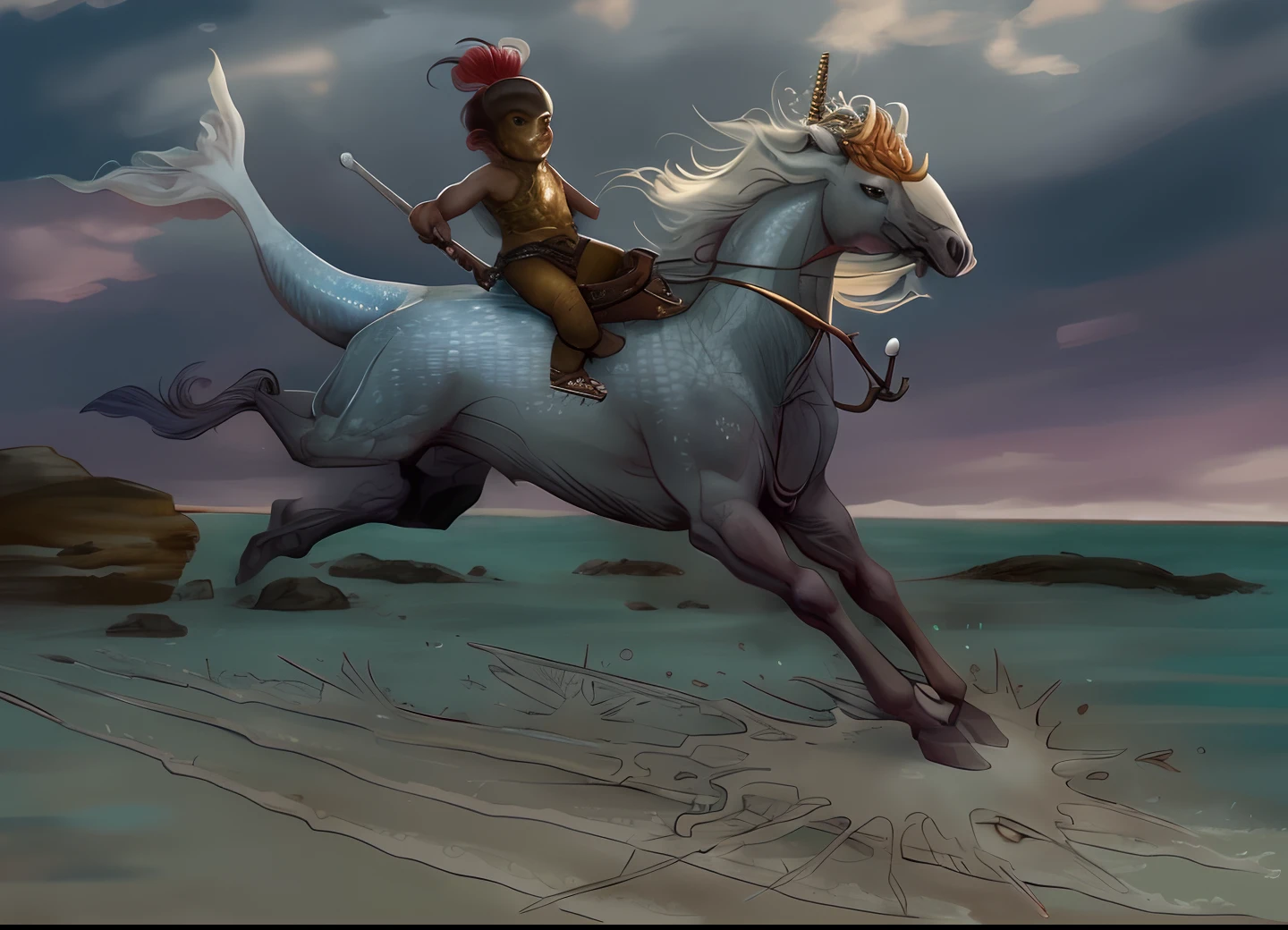 Cartoon of a boy riding a horse in the ocean with a spear.,evening,Centaur Chimera male centaur, centaur, Centaurs from Greek mythology, Centaur horse, centaur, Merfolk riding water horse, Chinese mythology, Akira from Chinese mythology, Getting West, Ancient Mongolian musk deer, Adam Driver is a Centaur warrior., Obama rides a unicorn