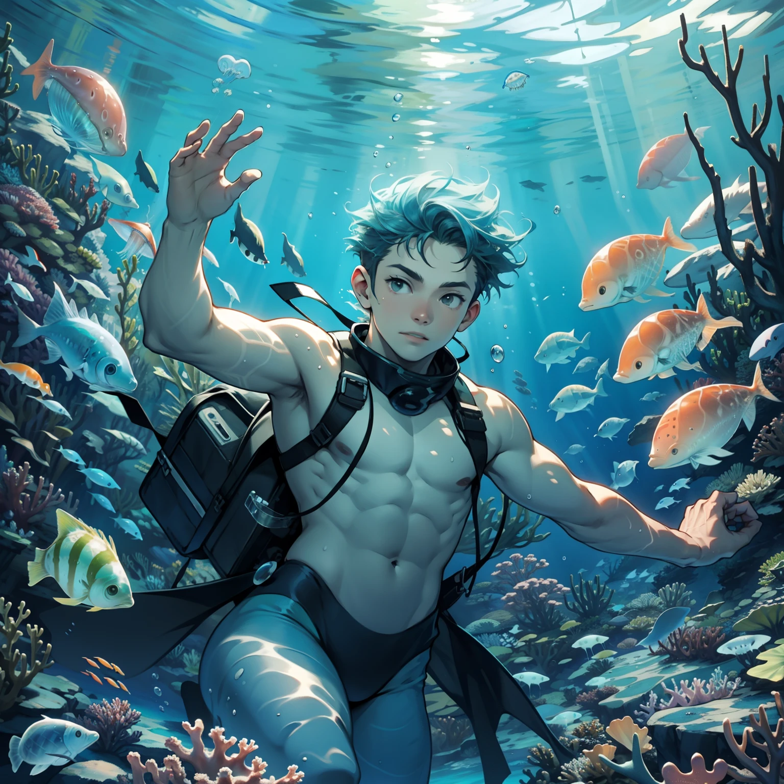 A boy swims with a jellyfish,ocean floor