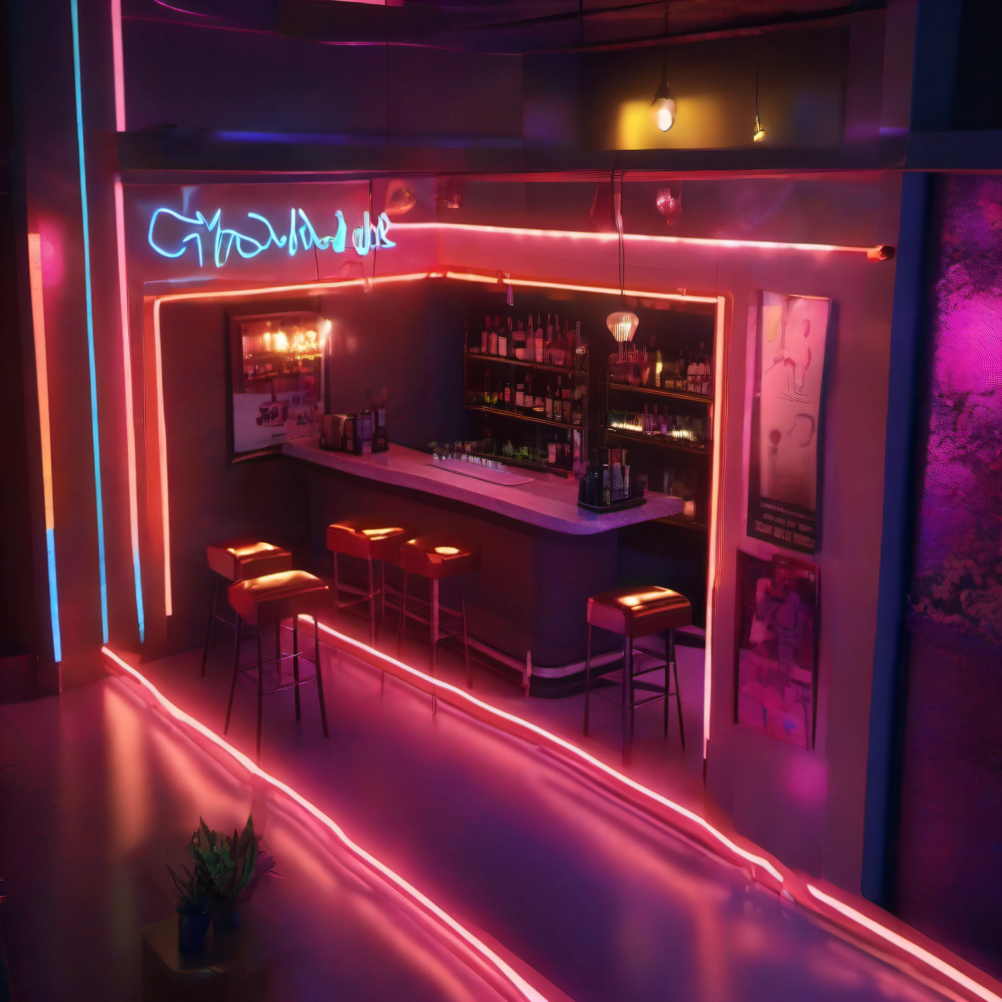 Small bar profile（Top-down perspective），Neon lights，Dim light，album cover