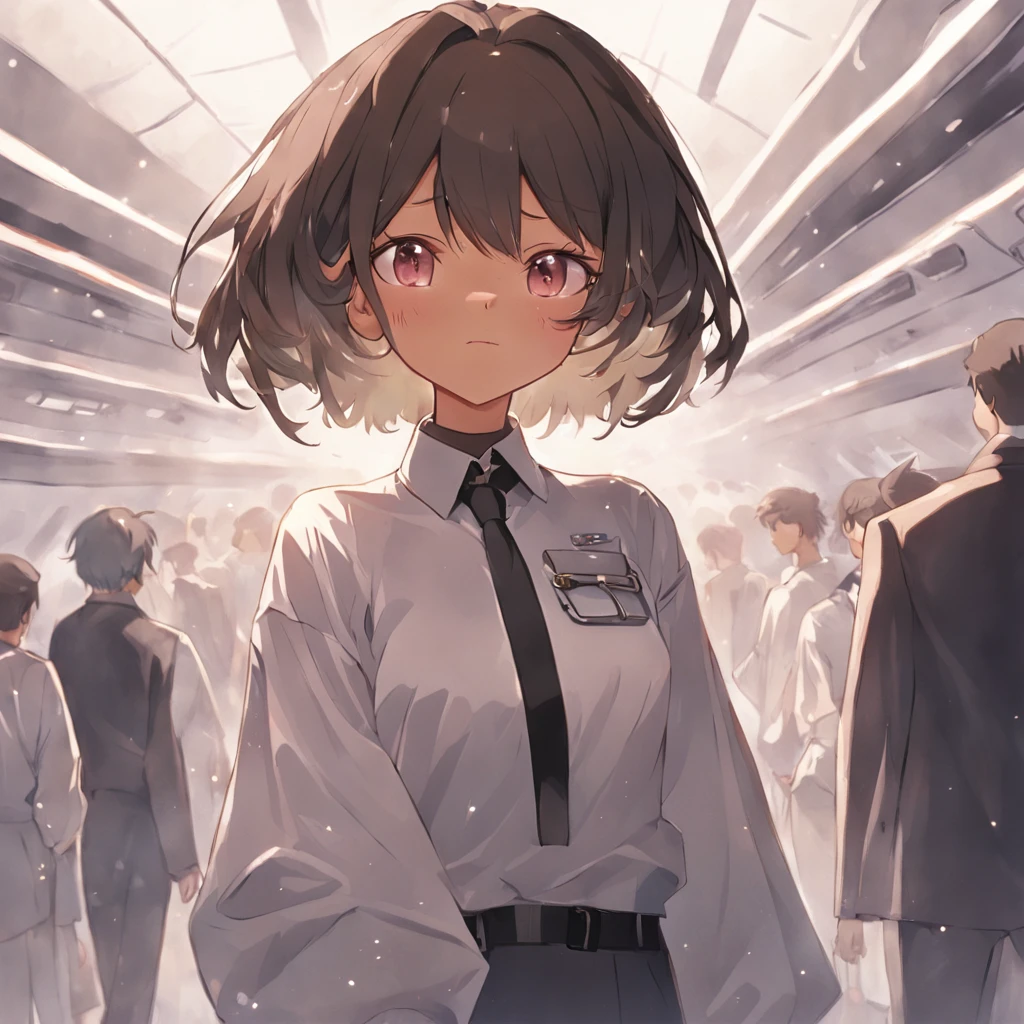 1girl, short black bob hair, yellow eyes, Round glasses, tan skin,dark skin ,BROWN SKIN, SHE HAS LIGHT BROWN SKIN, ite body, wearing plain white formal work shirt, wearing long black pants, business tie, absurdres, high res, ultrasharp, 8k, masterpiece, looking at viewer, cat ears, airline pilot uniform, airline pilot hat, white background, short sleeve, bangs, flat chest, whiskers, androgynous, she has cat ears on her head, she has cat teeth, cloudy background, holding pet black cat, smiling, large round glasses, no airplanes, airplane cabin background, wearing a choker on neck, collar on her neck