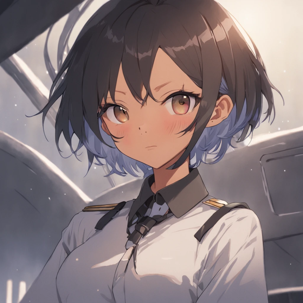 1girl, short black bob hair, yellow eyes, Round glasses, tan skin,dark skin ,BROWN SKIN, SHE HAS LIGHT BROWN SKIN, petite body, wearing plain white formal work shirt, wearing long black pants, business tie, absurdres, high res, ultrasharp, 8k, masterpiece, looking at viewer, cat ears, airline pilot uniform, airline pilot hat, white background, short sleeve, bangs, flat chest, whiskers, androgynous, she has cat ears on her head, she has cat teeth, cloudy background, holding pet black cat, smiling, large round glasses, no airplanes, airplane cabin background, wearing a choker on neck, collar on her neck