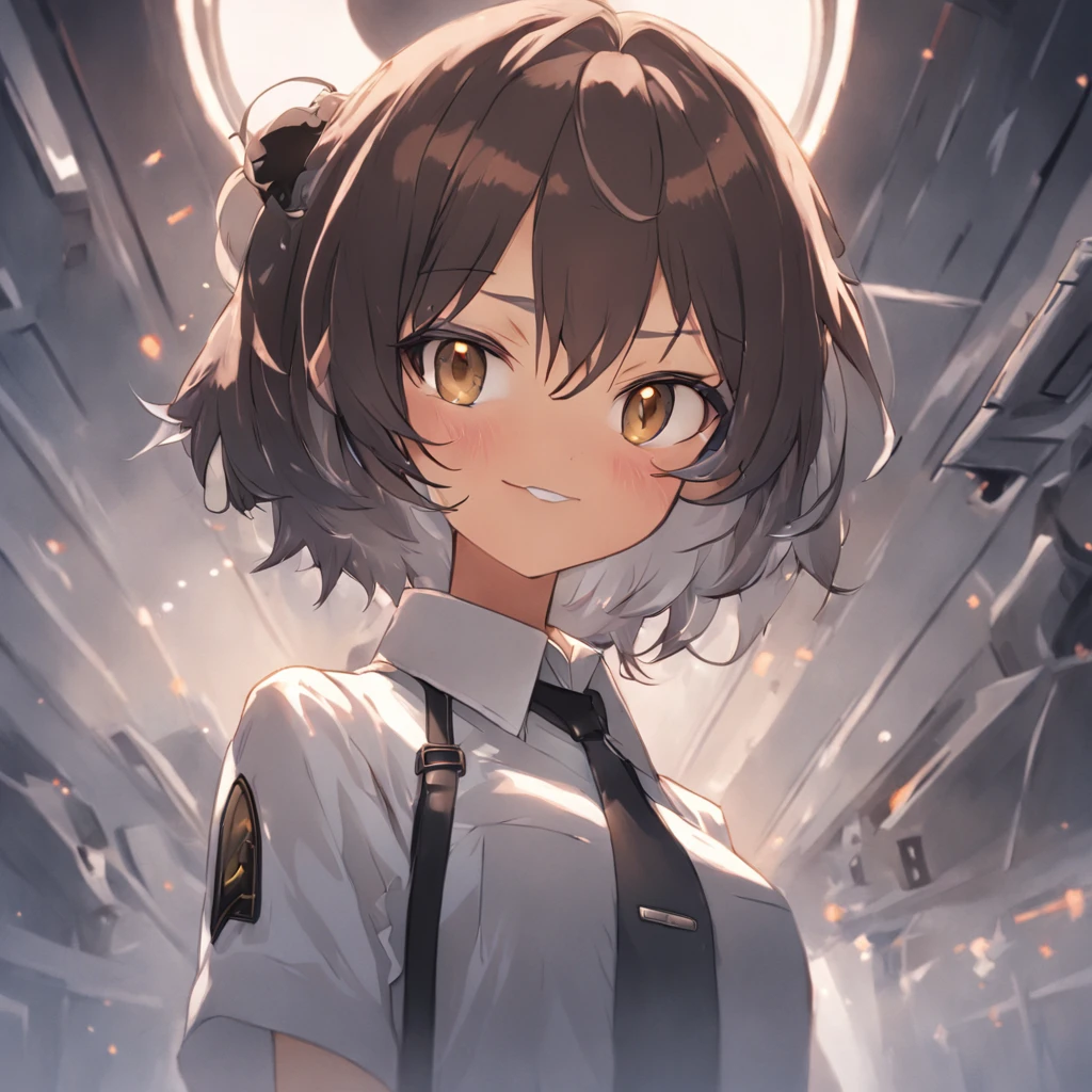 1girl, short black bob hair, yellow eyes, Round glasses, tan skin,dark skin ,BROWN SKIN, SHE HAS LIGHT BROWN SKIN, petite body, wearing plain white formal work shirt, wearing long black pants, business tie, absurdres, high res, ultrasharp, 8k, masterpiece, looking at viewer, cat ears, airline pilot uniform, airline pilot hat, white background, short sleeve, bangs, flat chest, whiskers, androgynous, she has cat ears on her head, she has cat teeth, cloudy background, holding pet black cat, smiling, large round glasses, no airplanes, airplane cabin background, wearing a choker on neck, collar on her neck