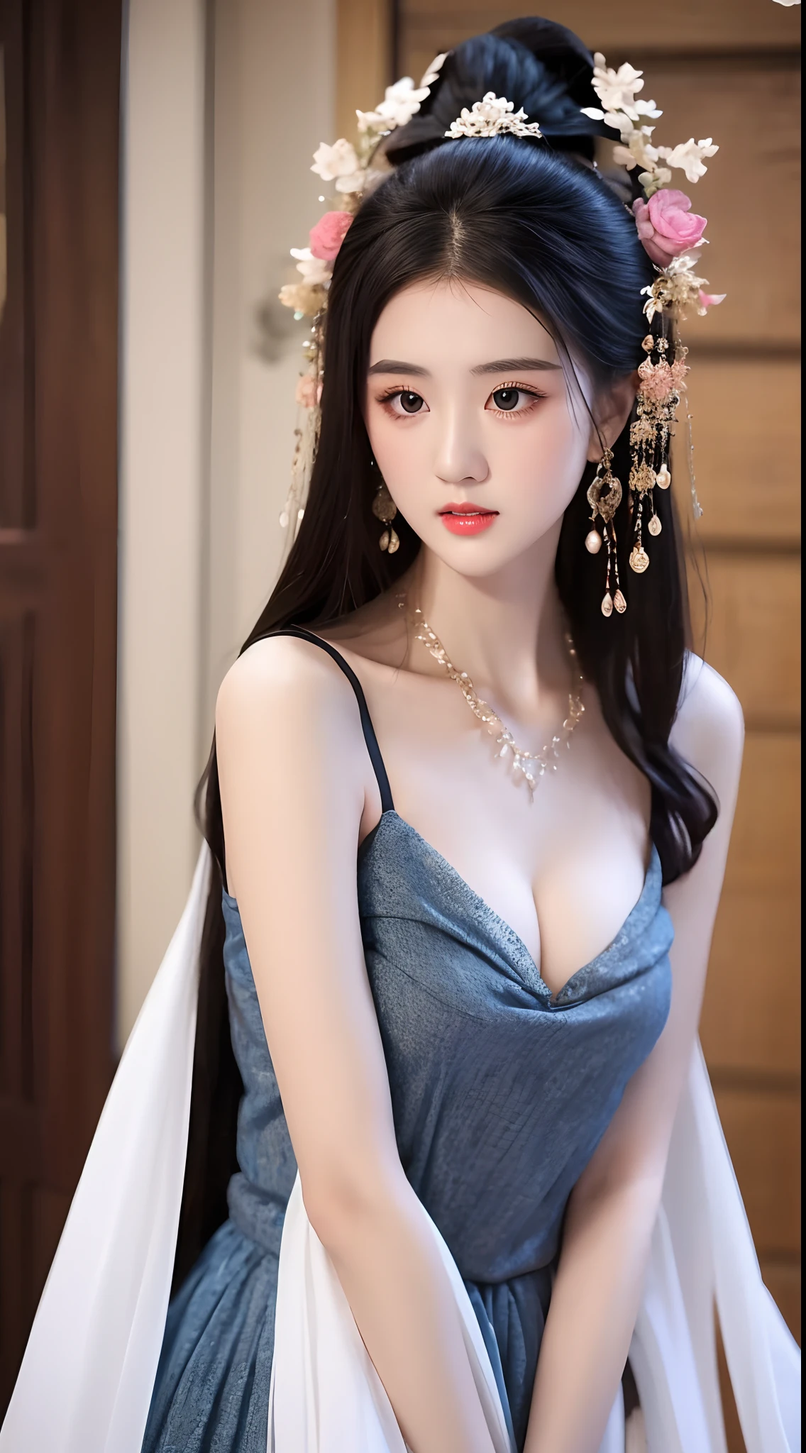 1 realistic beautiful girl, waist length hair, black eyes, long neck dress, hanfu style, wearing Chinese traditional clothes, smooth pinkish white skin, wear a necklace, wearing a discreet neck long dress, shoulders and head appear in photo, cute little face, puffy eyes under wet makeup, red lips, pout, ((closed mouth: 1.0)), well-proportioned front teeth, shy, small face with meticulous and very beautiful makeup , smooth skin, super round and tight breasts, breast augmentation, best breasts, ((blum boobs:0.6)), camisole inner cover girl's breasts, blusher, front view, earrings, necklace, top high, looking at viewer, upturned eyes, full body, masterpiece, top quality, best quality , official art, united wallpaper 8k, high resolution, ultra high definition, ultra detail, (photorealistic:1.2), alone, solo, Only 1 girl, Dunhuang hanfu style, 10x pixels, surreal, ultra high quality, full girl body, upper body,