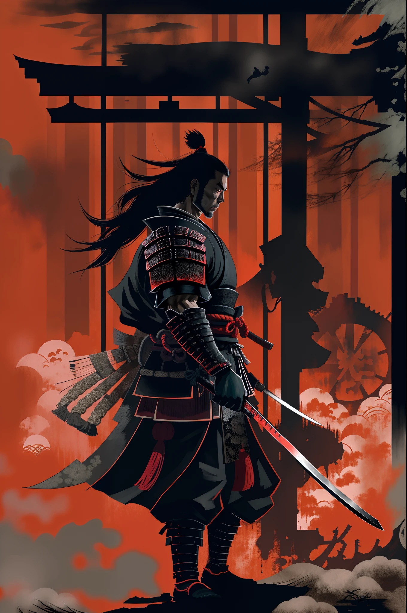 Illustrate a samurai displaying fierce loyalty in the midst of a battle, ready to sacrifice everything for their leader. High quality, 4k, 8k, line art style
