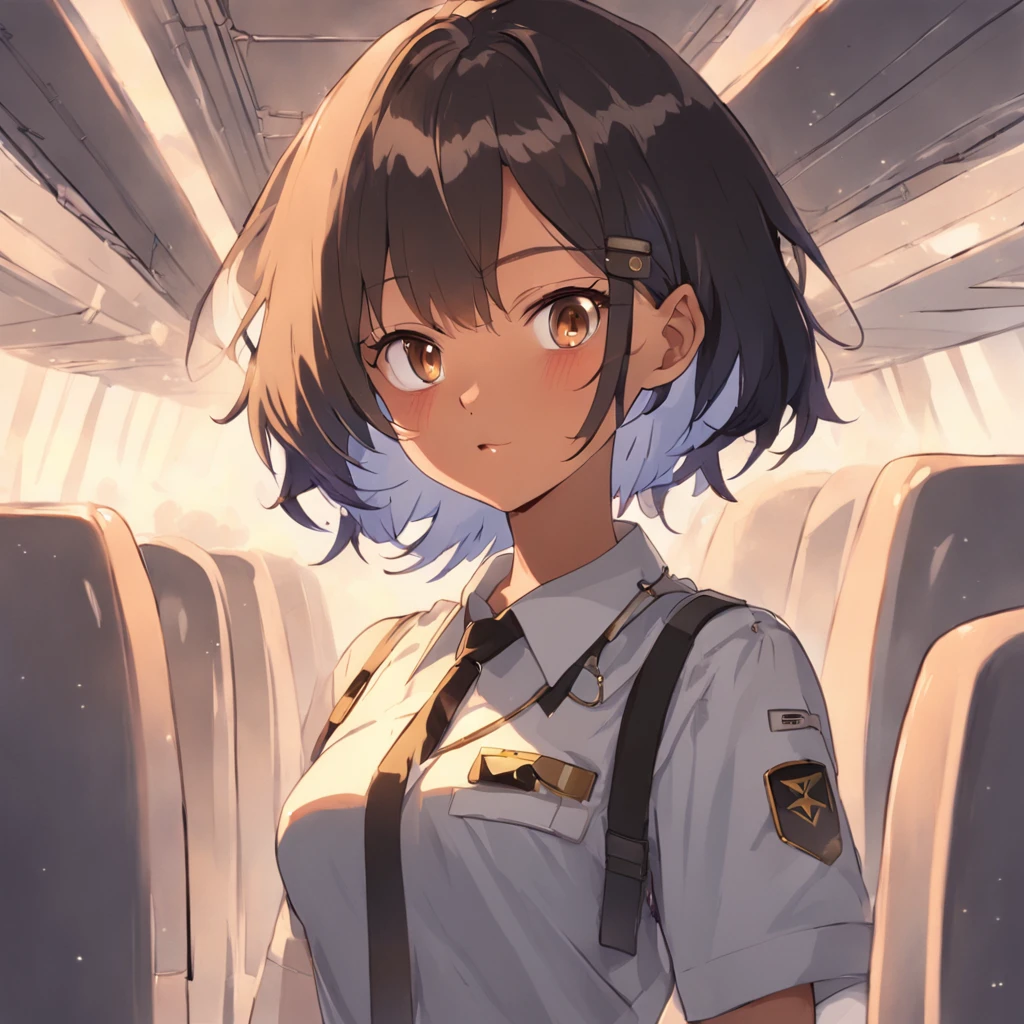 1girl, short black bob hair, yellow eyes, Round glasses, tan skin,dark skin ,BROWN SKIN, SHE HAS LIGHT BROWN SKIN, ite body, wearing plain white formal work shirt, wearing long black pants, business tie, absurdres, high res, ultrasharp, 8k, masterpiece, looking at viewer, cat ears, airline pilot uniform, airline pilot hat, white background, short sleeve, bangs, flat chest, whiskers, androgynous, she has cat ears on her head, she has cat teeth, cloudy background, holding pet black cat, smiling, large round glasses, no airplanes, airplane cabin background, wearing a choker on neck, collar on her neck