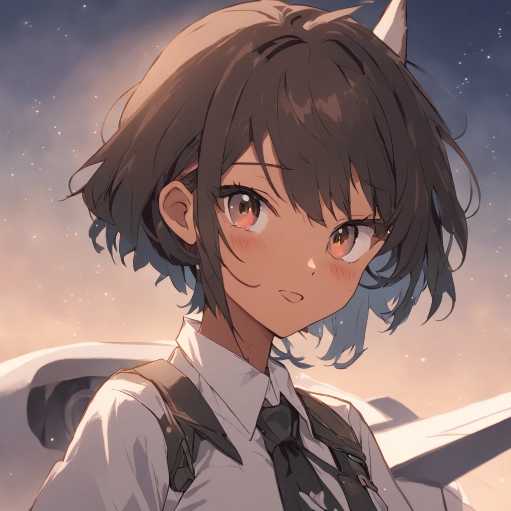 1girl, short black bob hair, yellow eyes, Round glasses, tan skin,dark skin ,BROWN SKIN, SHE HAS LIGHT BROWN SKIN, petite body, wearing plain white formal work shirt, wearing long black pants, business tie, absurdres, high res, ultrasharp, 8k, masterpiece, looking at viewer, cat ears, airline pilot uniform, airline pilot hat, white background, short sleeve, bangs, flat chest, whiskers, androgynous, she has cat ears on her head, she has cat teeth, cloudy background, holding pet black cat, smiling, large round glasses, no airplanes, airplane cabin background, wearing a choker on neck, collar on her neck